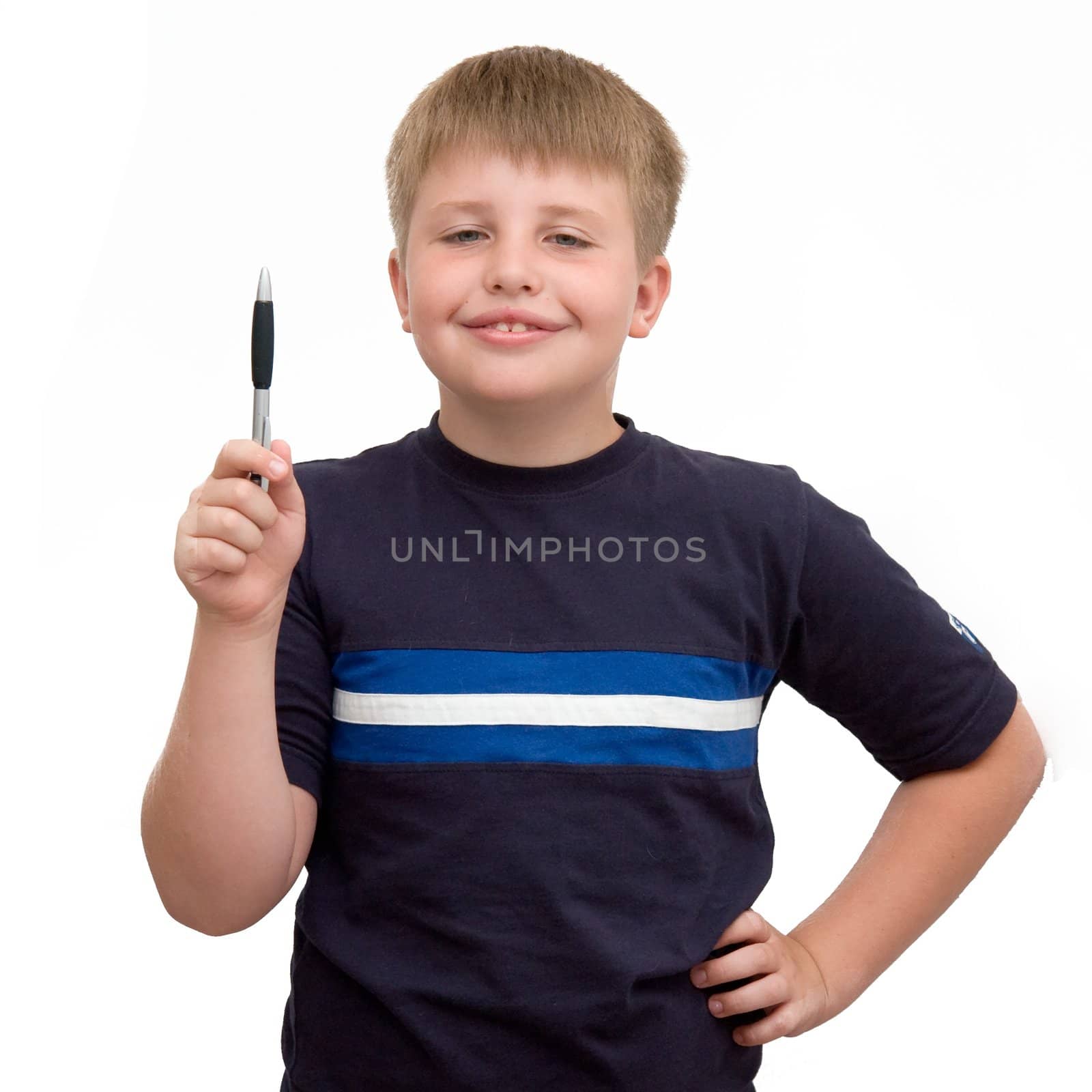 schoolboy with a pen on a white background