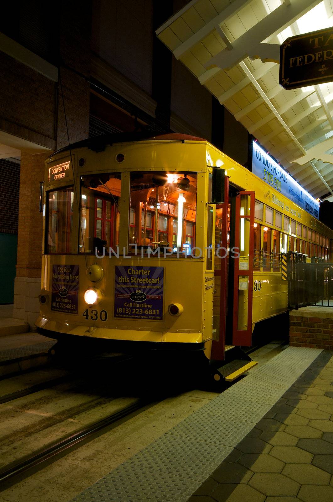Trolley waiting in a sation in Ybor City, Tampa, Florida, UISA.