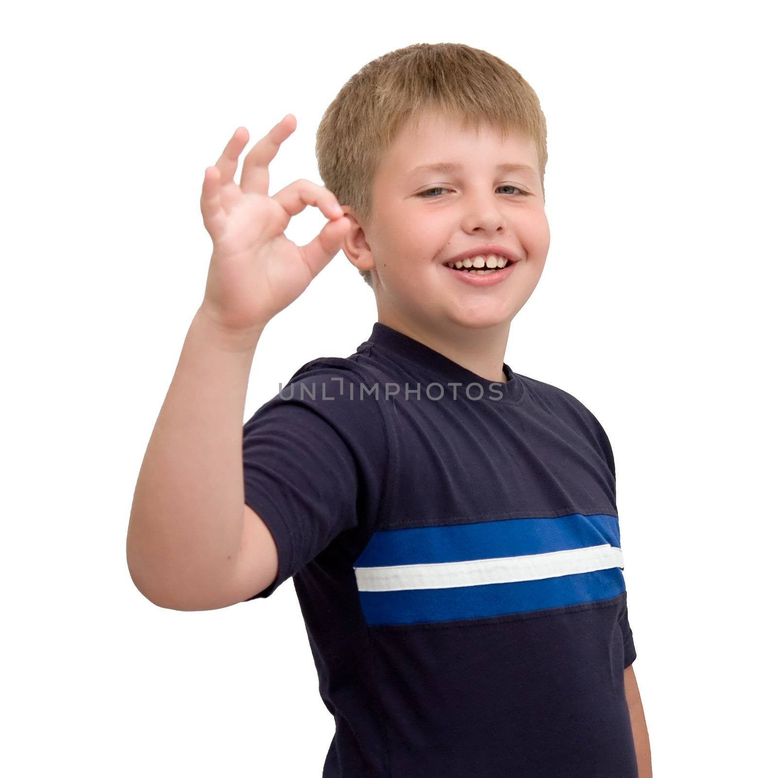 Boy with O.K. on a white background