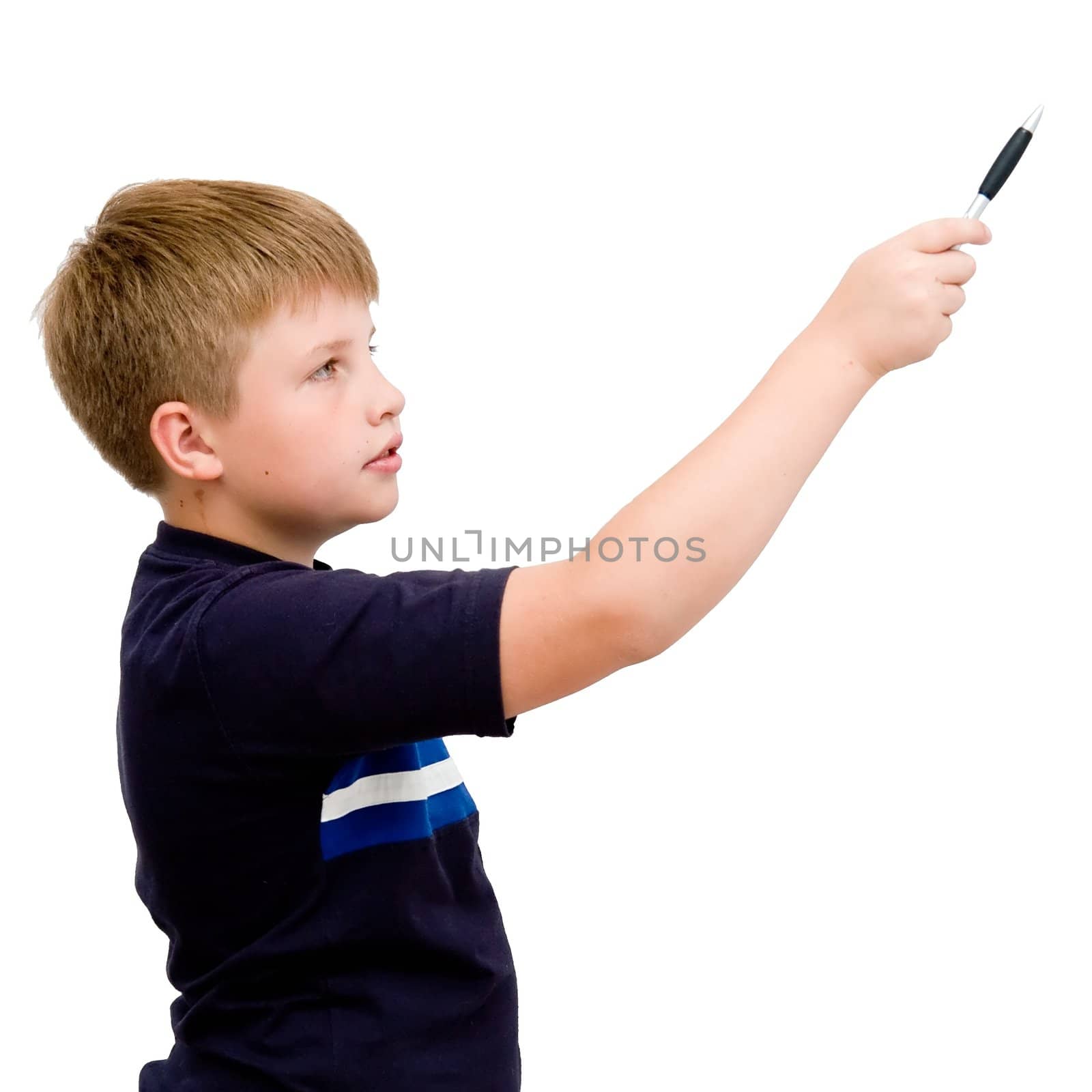 schoolboy with a pen on a white background