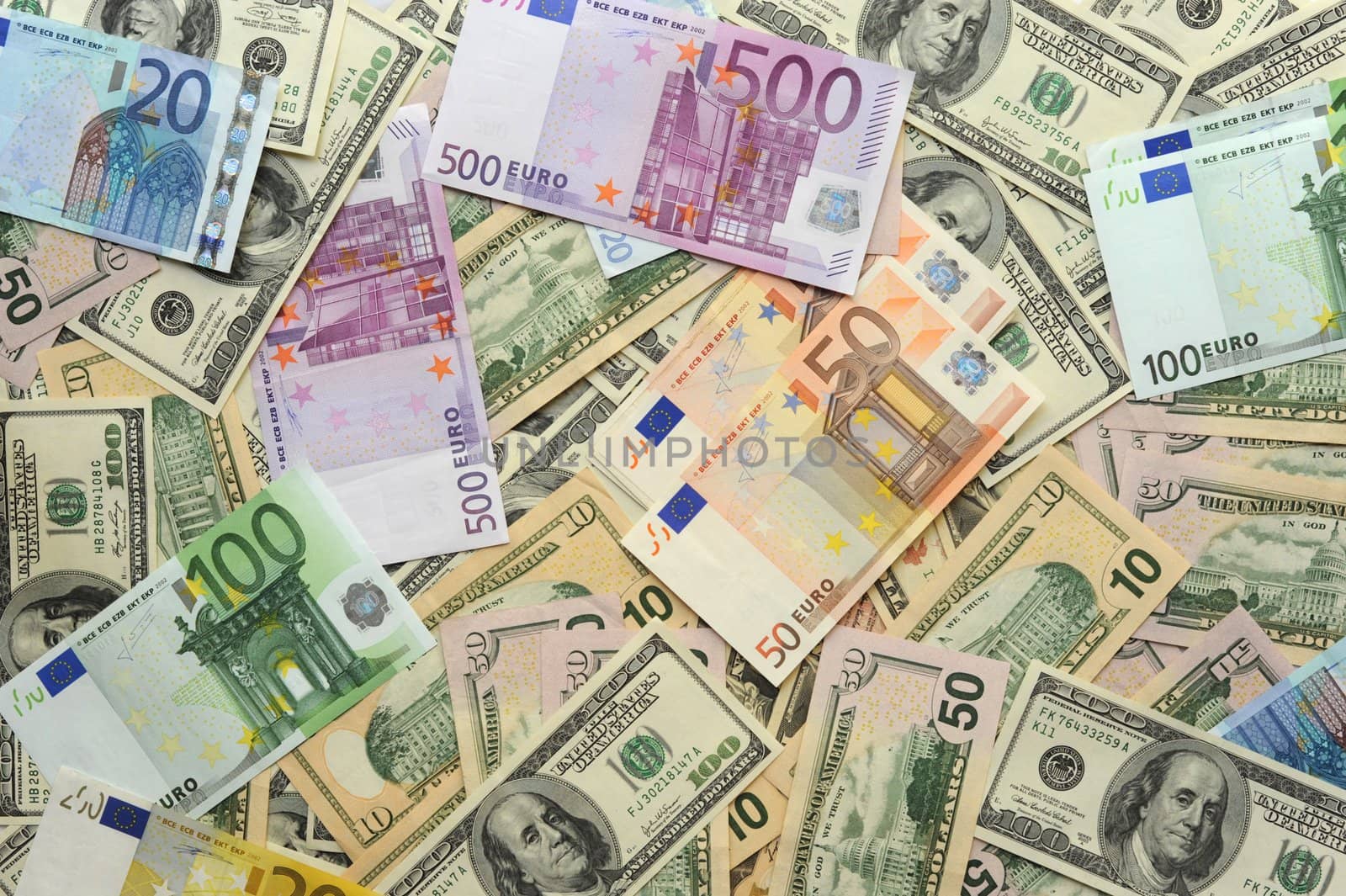 Background With Many Various American 
Dollar and European Euro Bills.