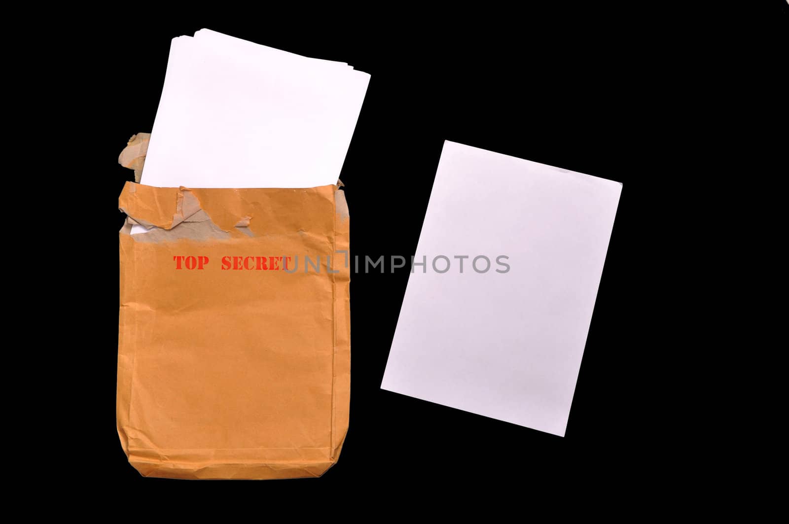 Open rude envelope for document with top secret stamp and documents