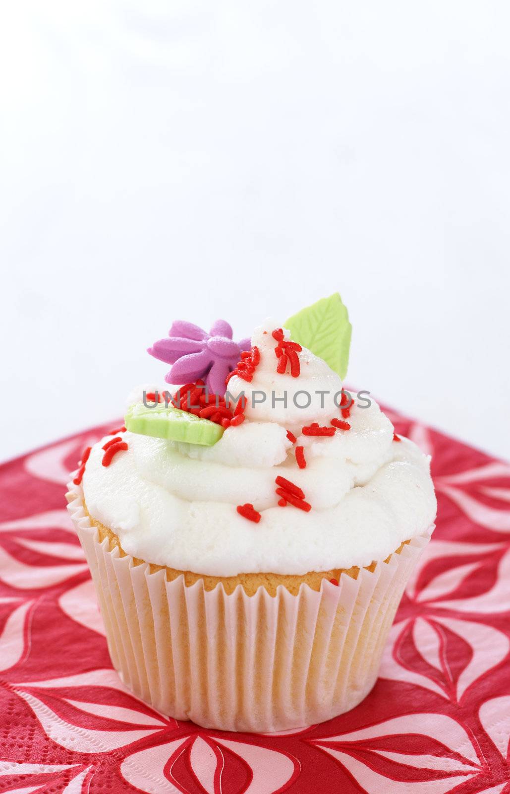 Vanilla cupcake with buttercream icing and flower decorations on white background