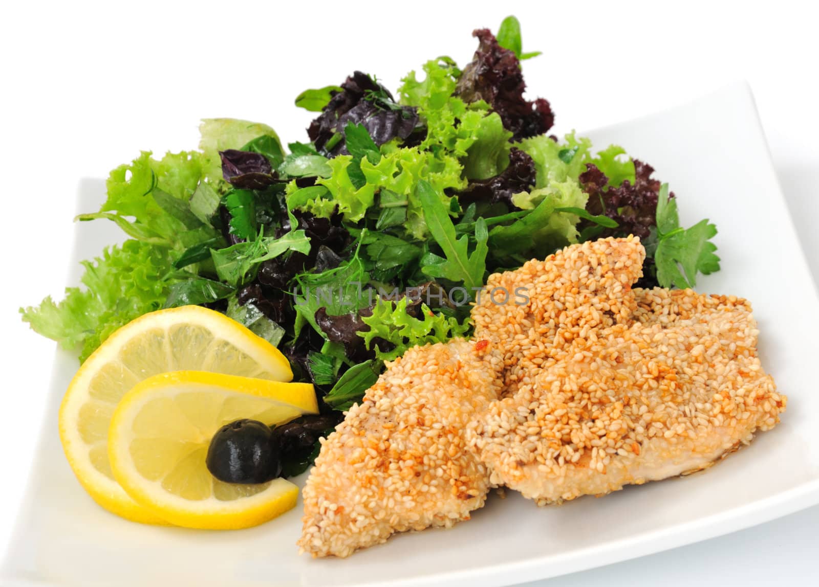 Chicken fillet in sesame with a mixture of lettuce by Apolonia