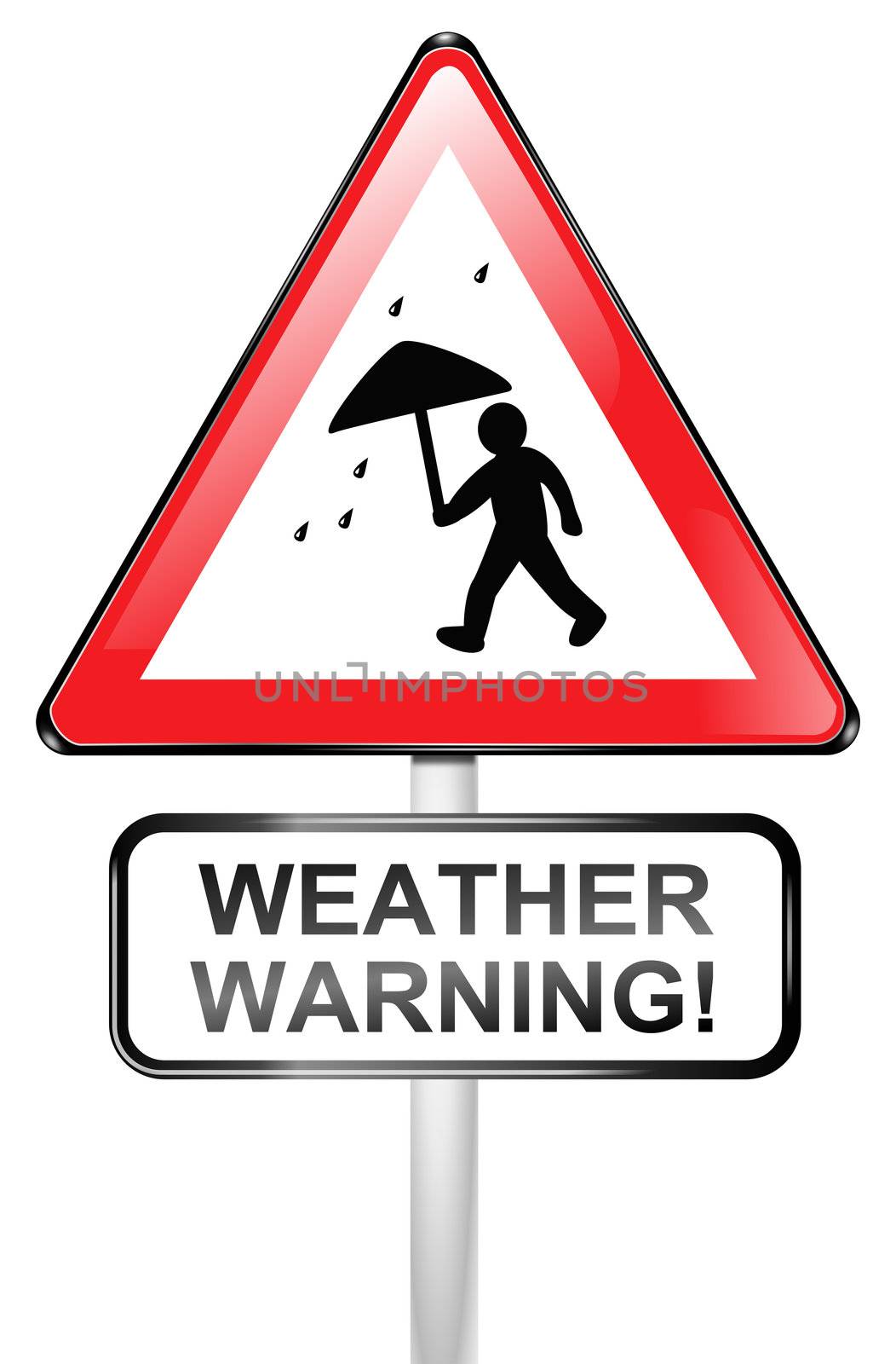 Illustrated red triangular hazard warning sign depicting rainy weather. White background