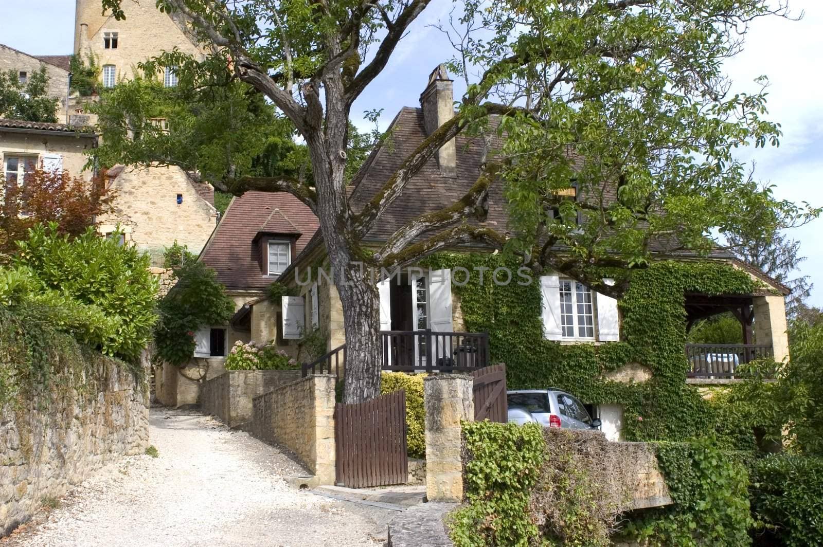 Castelnaud, the village and its castle. French village in the Perigord region where the war took place 100 years