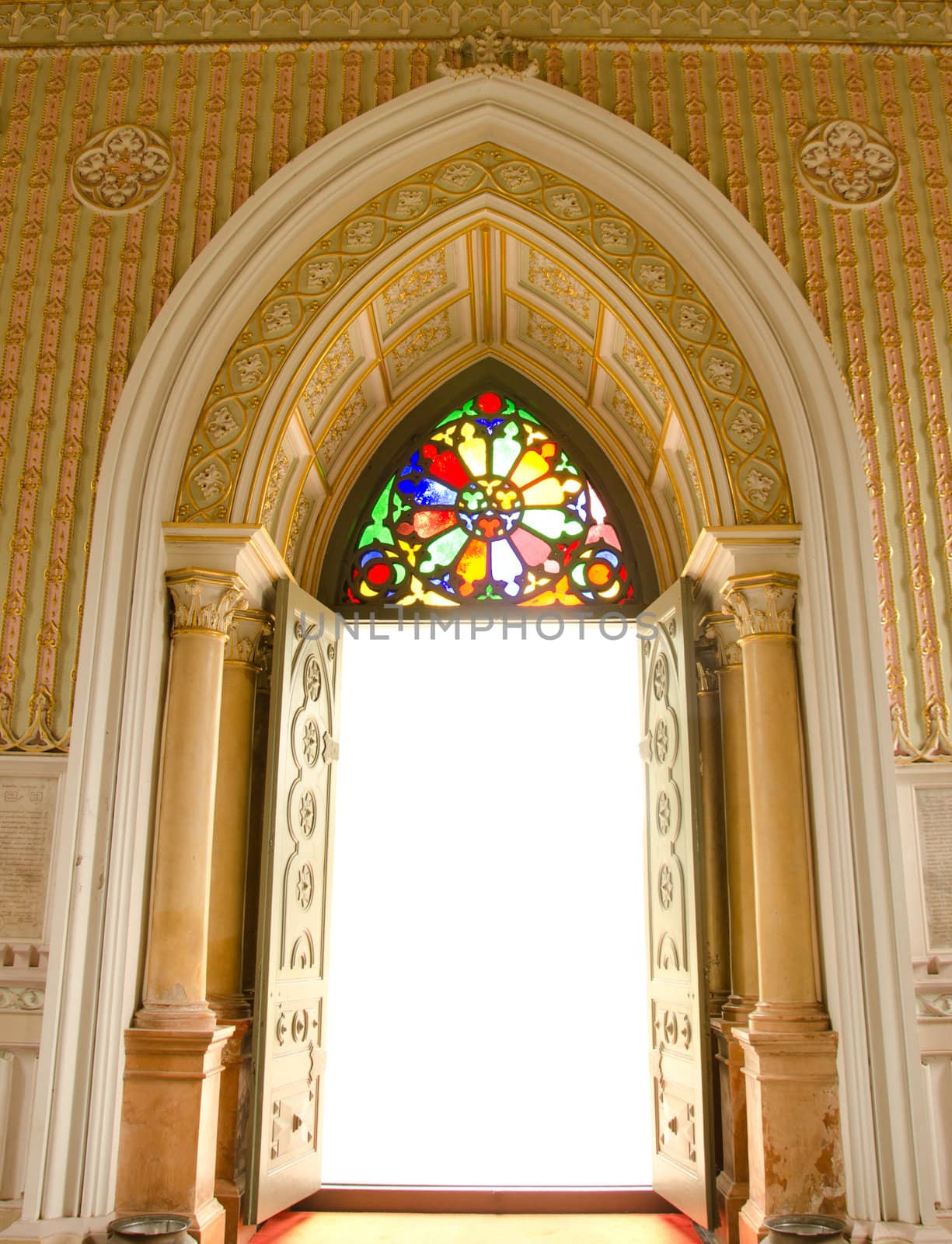 Church door of Niwet Thamma Pravat Temple, Ayutthaya, Thailand.