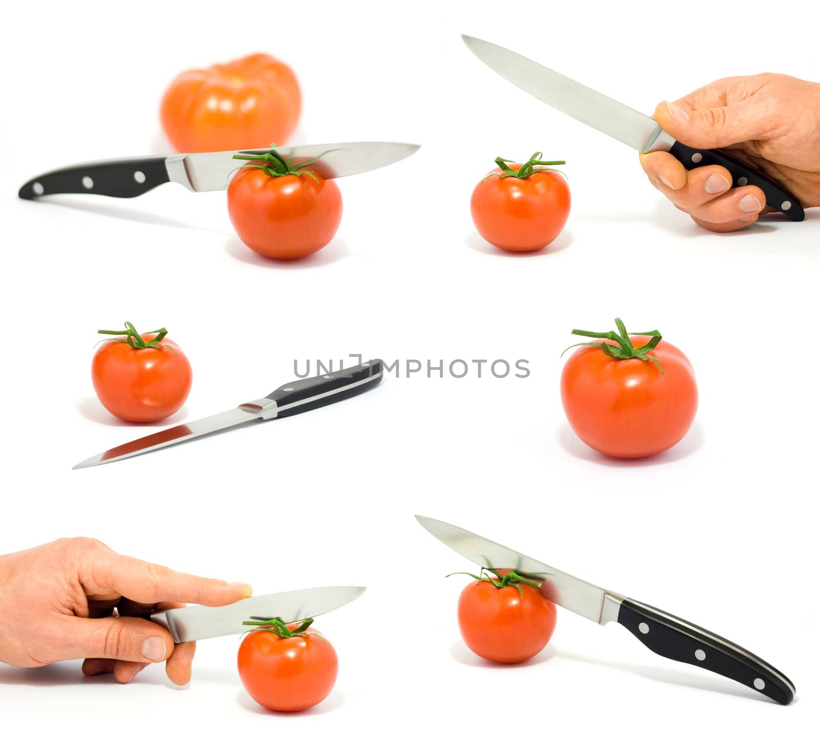 Set with tomatoes, knife and hand