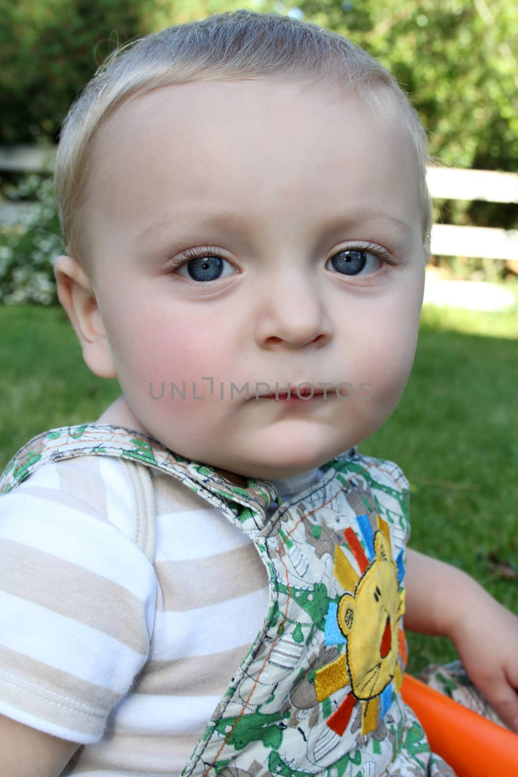 Cute blond baby boy sitting outside in the garden