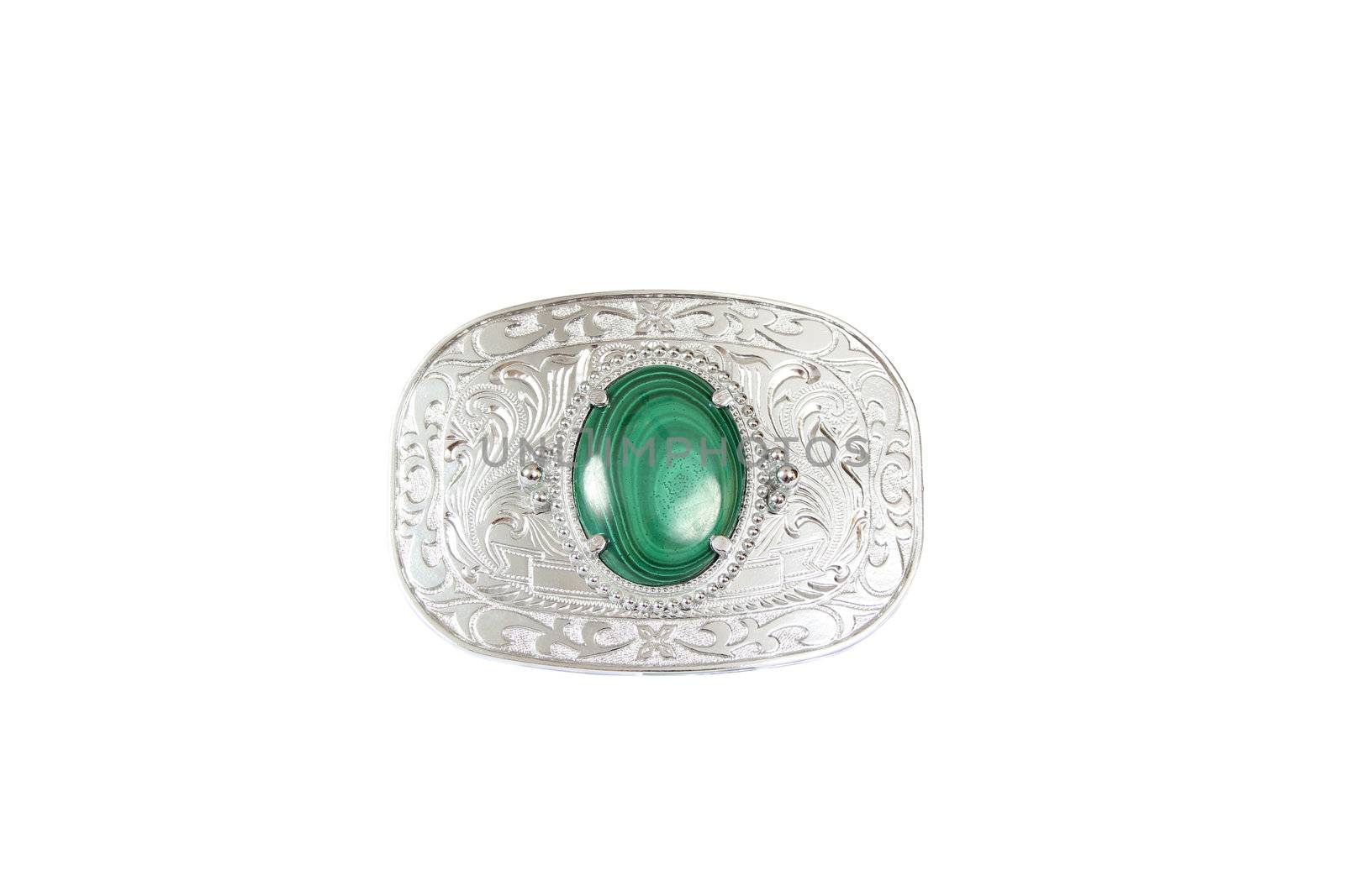 Silver belt buckle with green stone in the middle