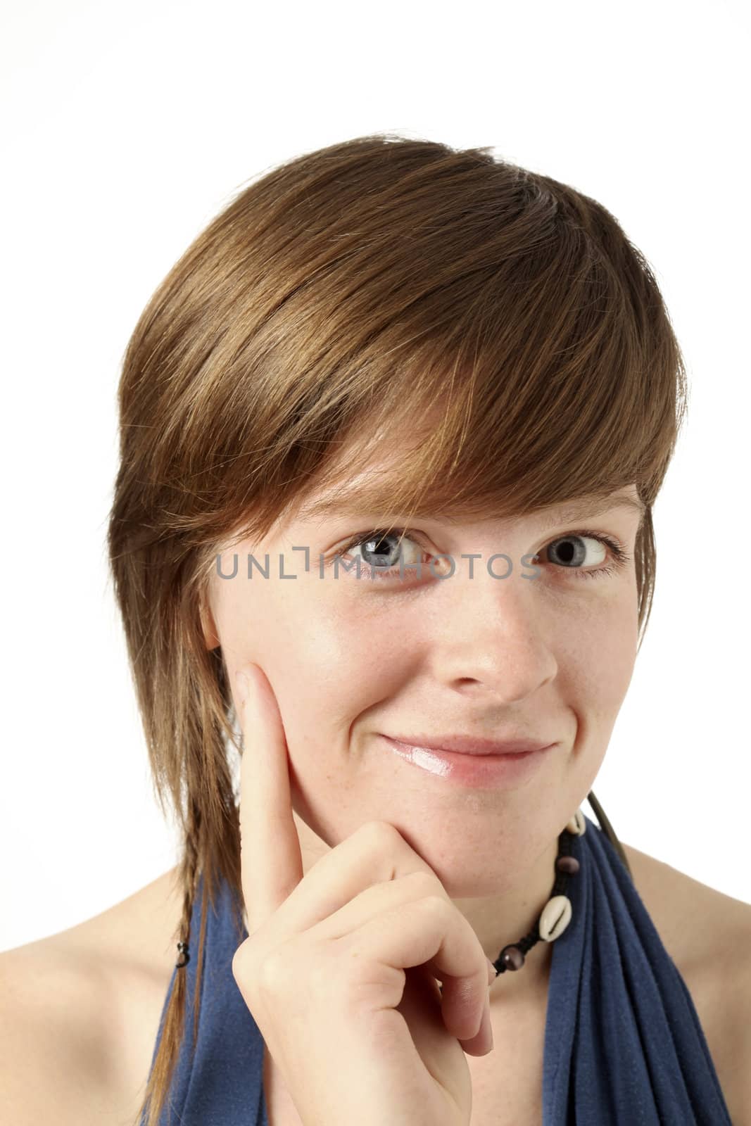 young woman looking happy and thightfull