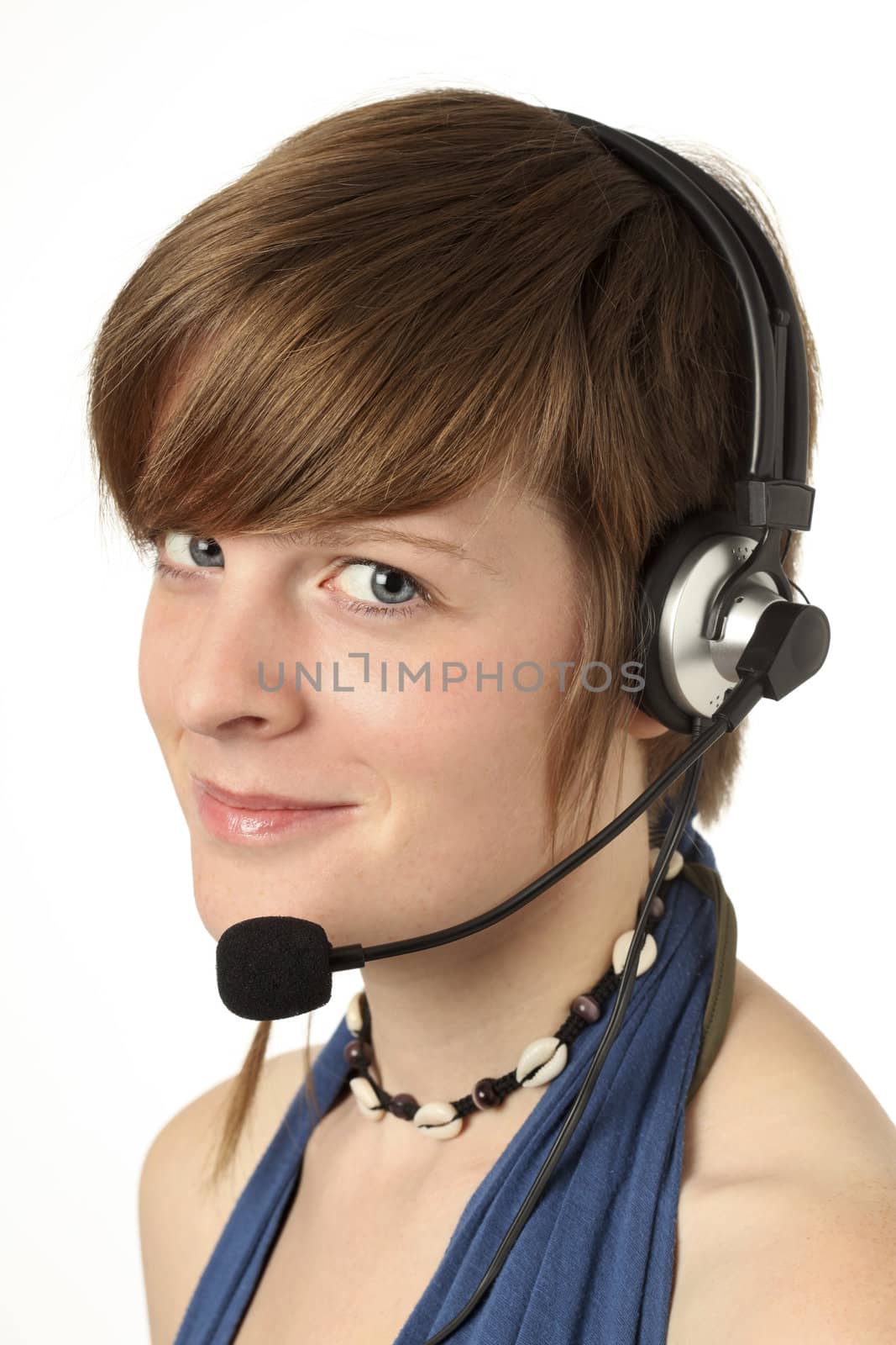young woman with a headset smilling