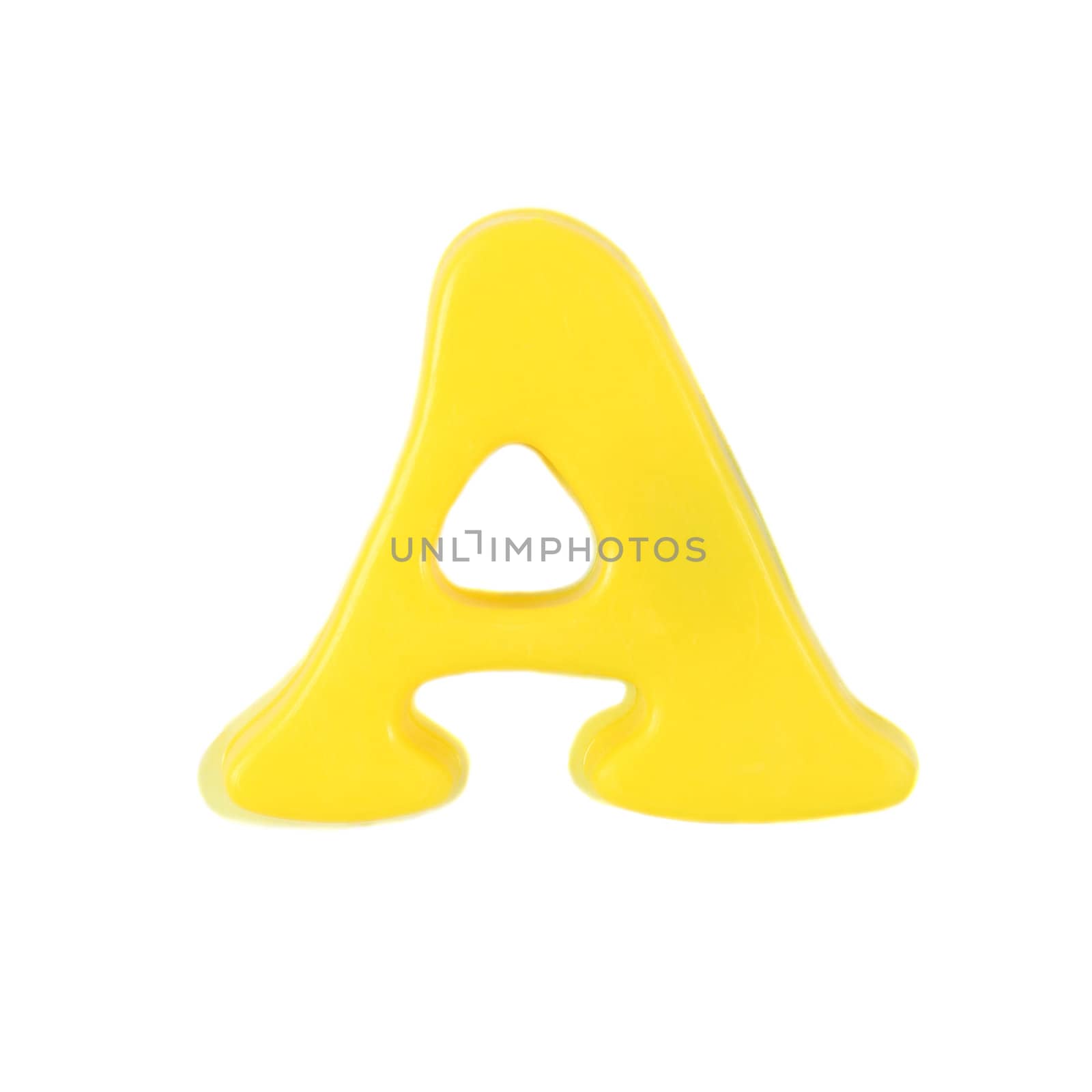 Plastic yellow letter A on a white background