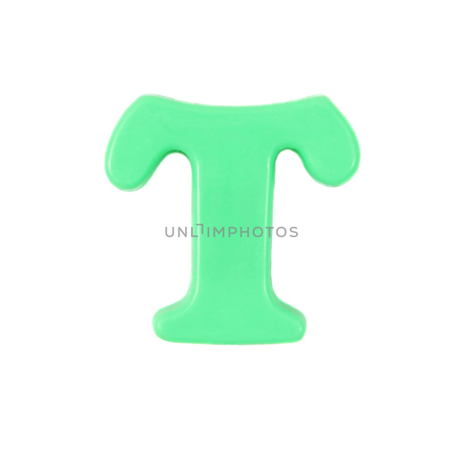 Plastic green letter T on a white background