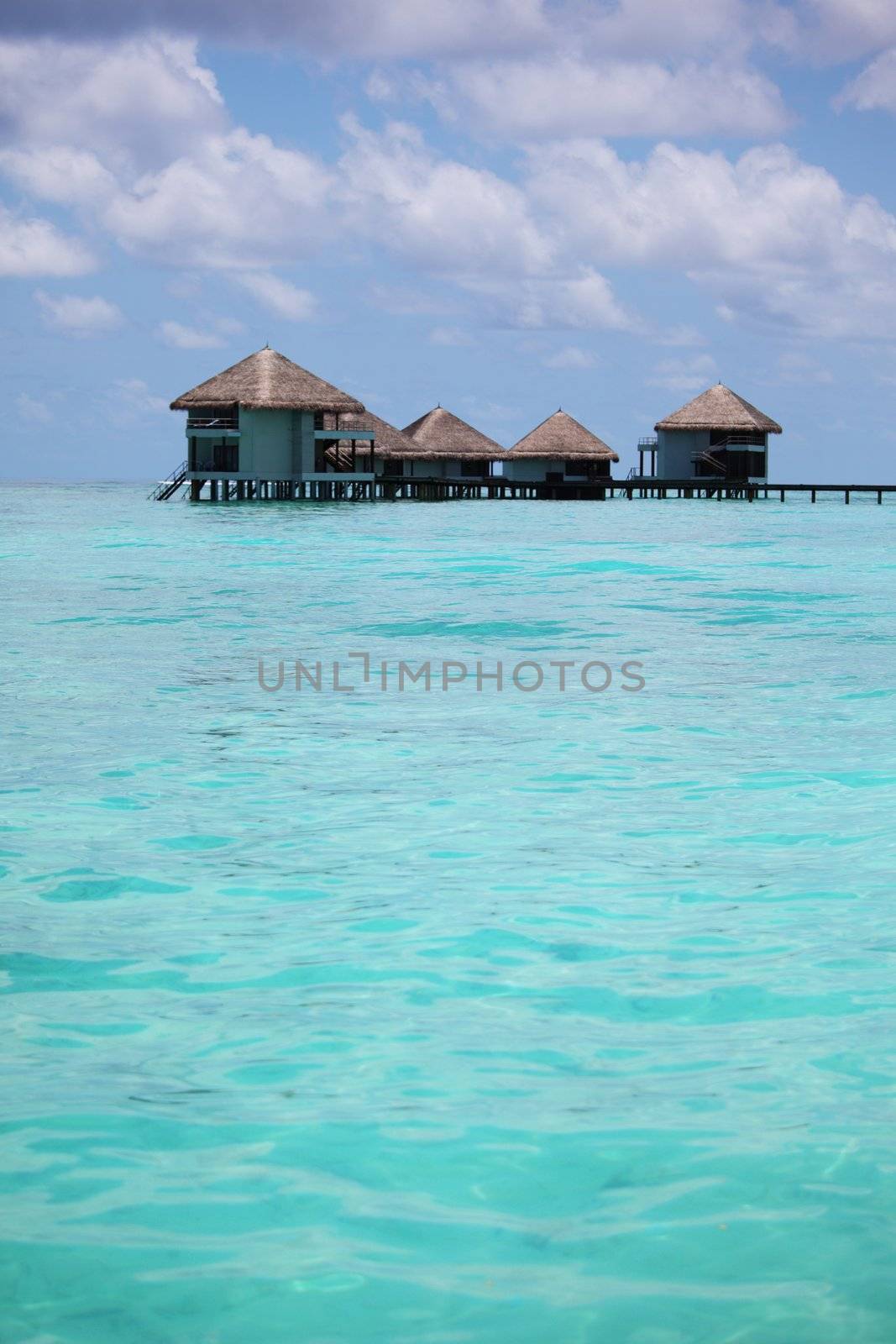 resort maldivian houses in blue sea