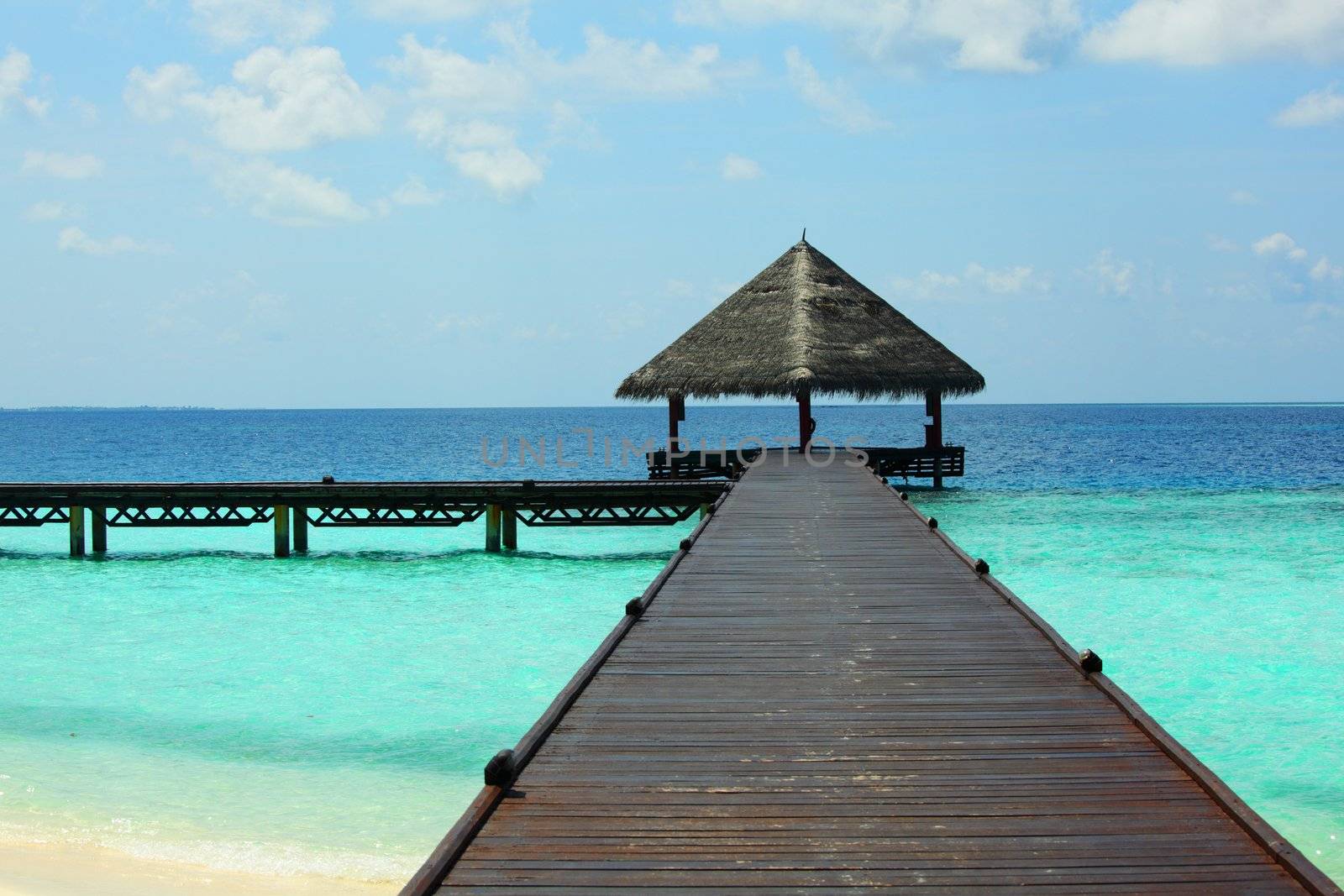 resort maldivian houses in blue sea
