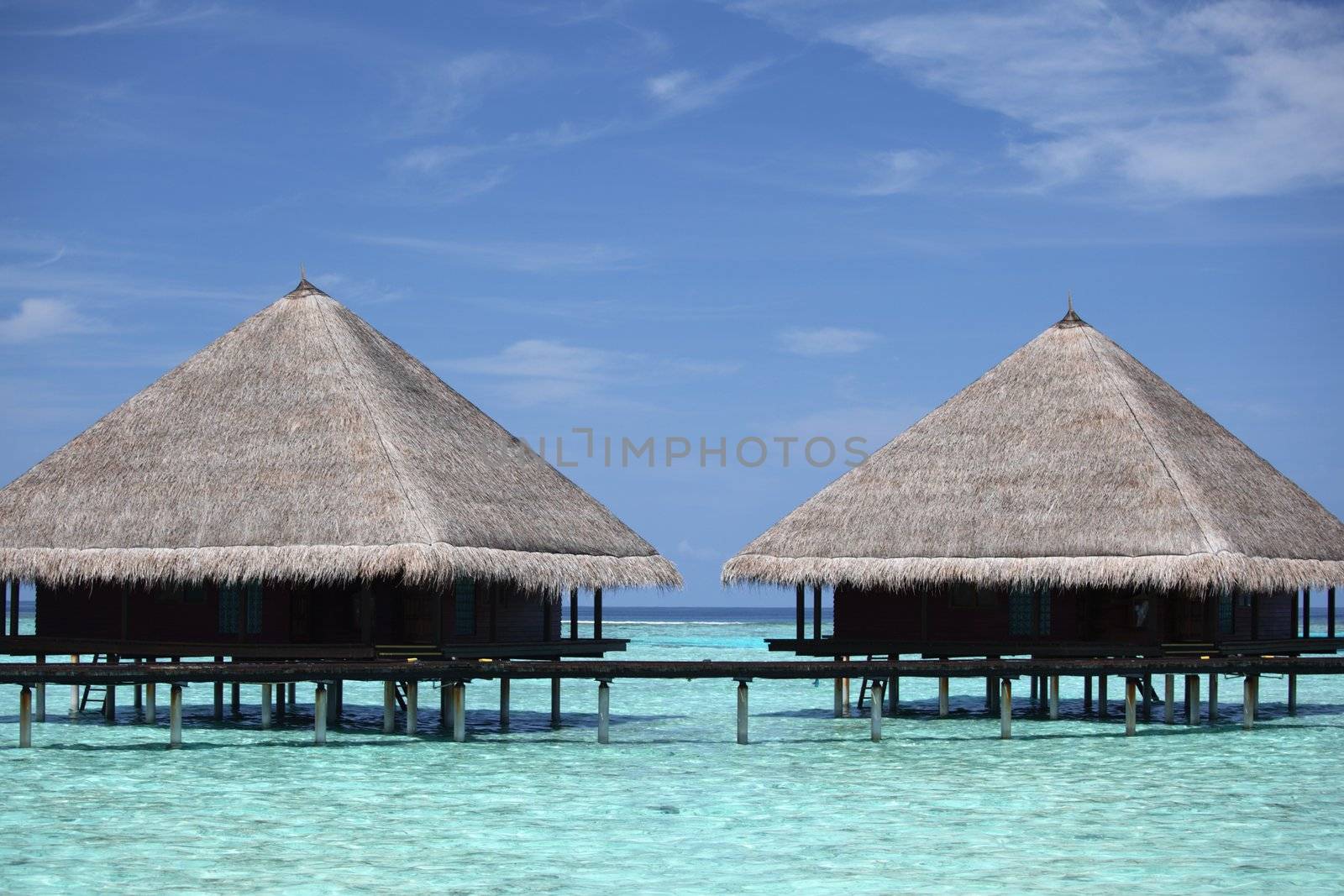 resort maldivian houses in blue sea