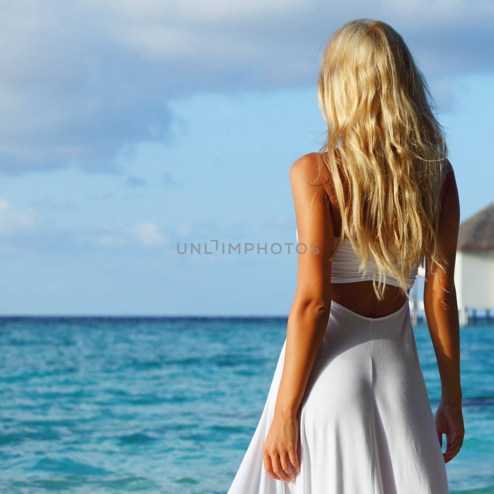 woman on tropical beach house back on the background