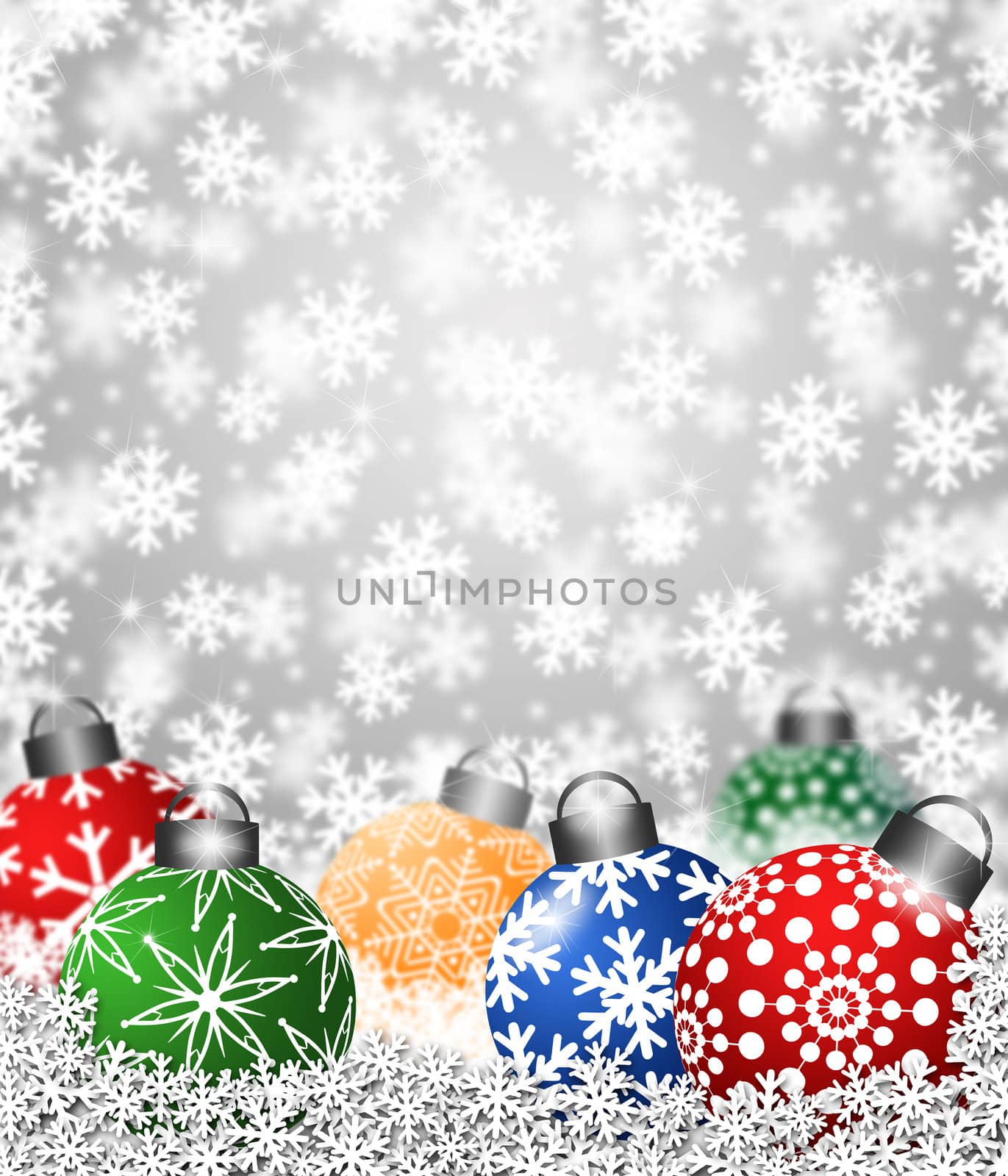 Colorful Snowflake Ornaments Sitting on Snow Illustration