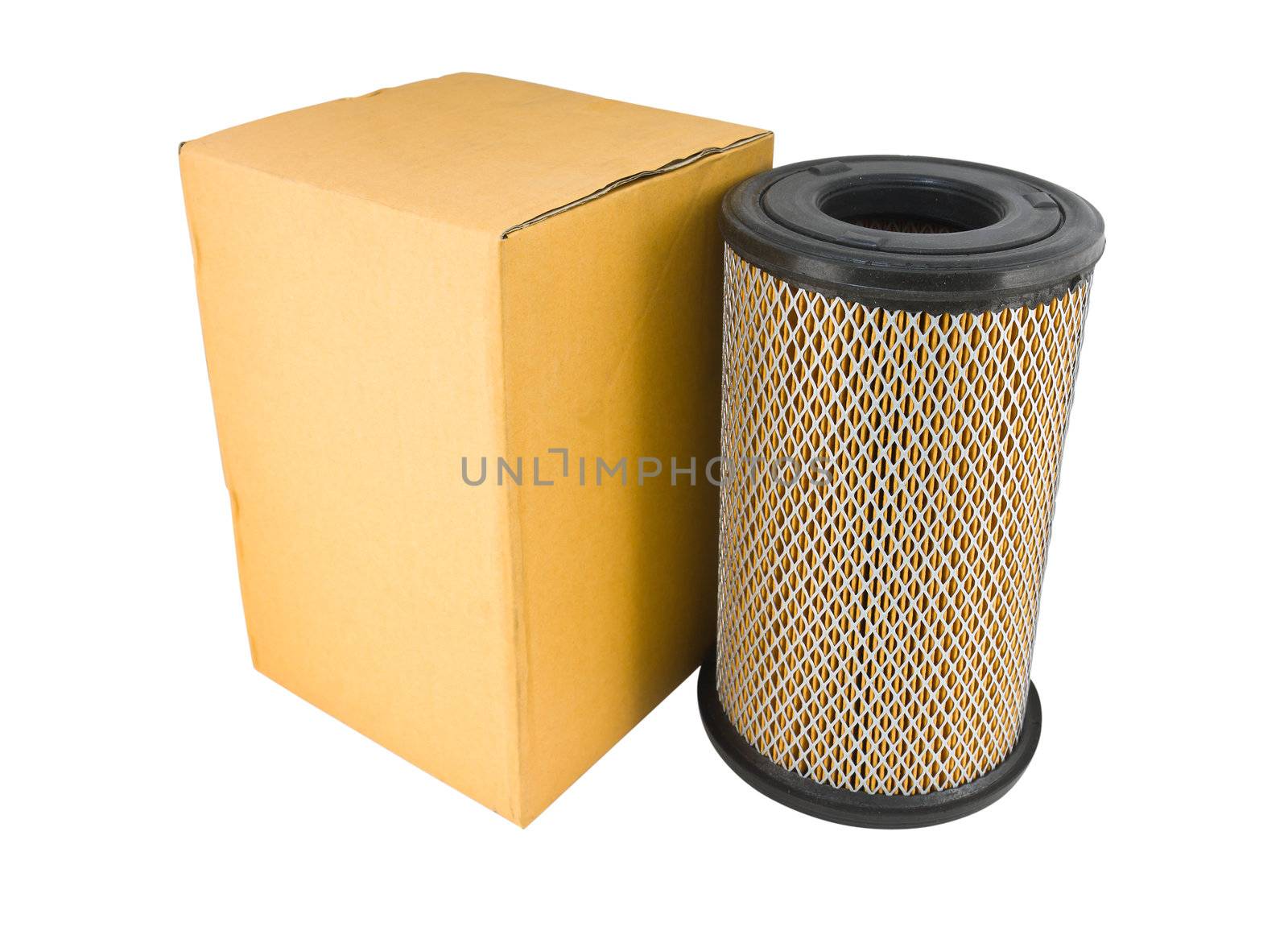 Close-up of a air filter and box isolated on white background