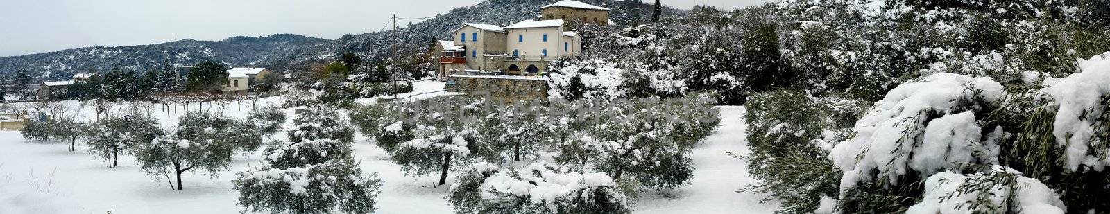 Landscape of Gard under snow. Gard is a department of the South-east of France located in the Cevennes.