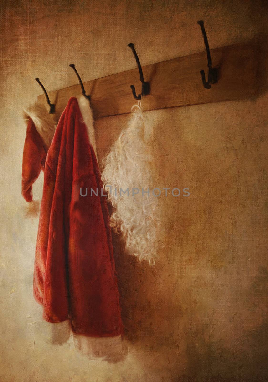 Santa costume hanging on coat rack by Sandralise