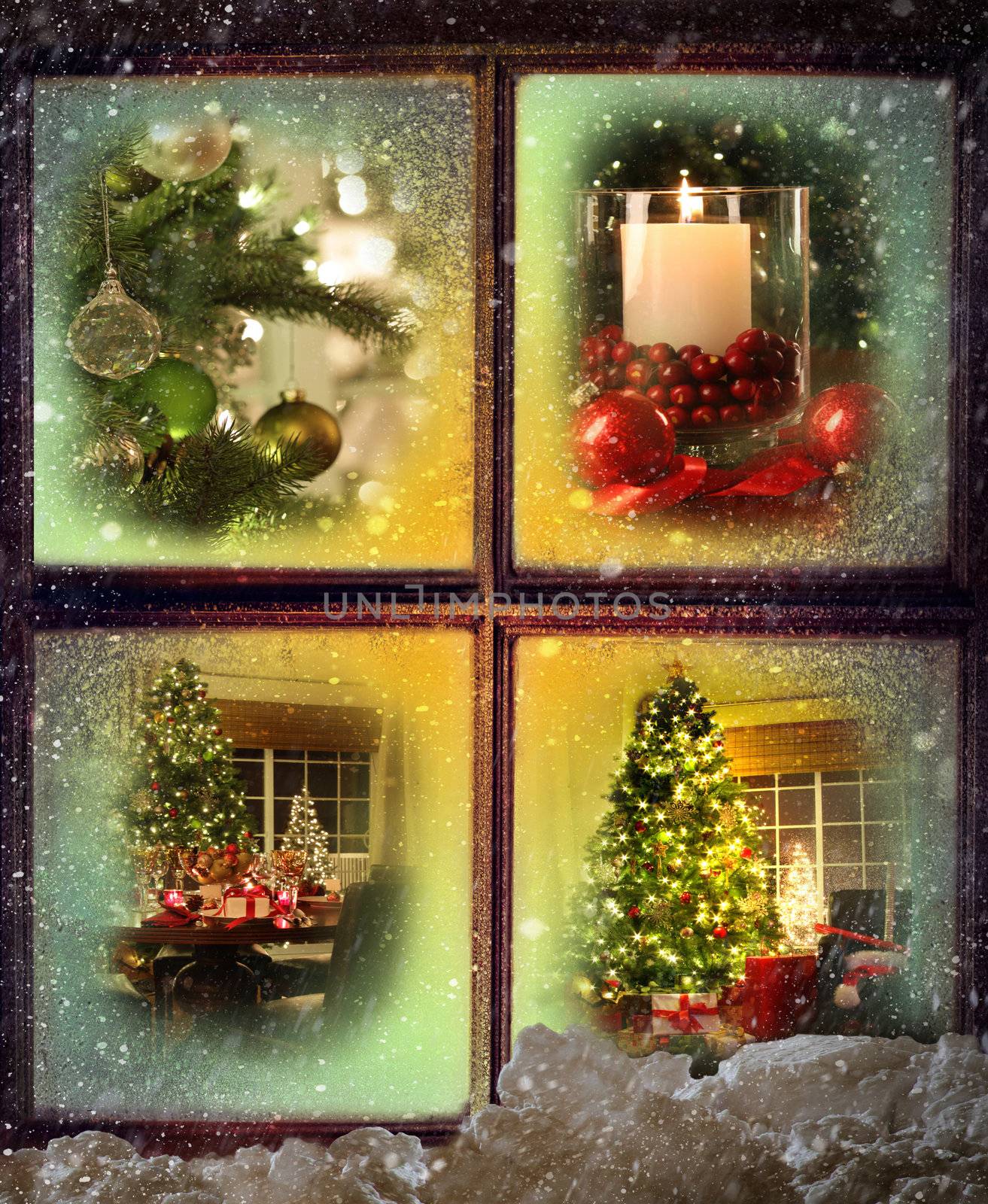 Vignettes of Christmas scenes seen through a wooden window  by Sandralise