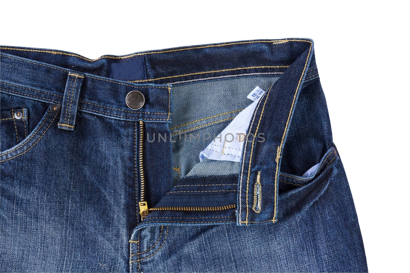 Front Blue jeans open zip isolated on the white background