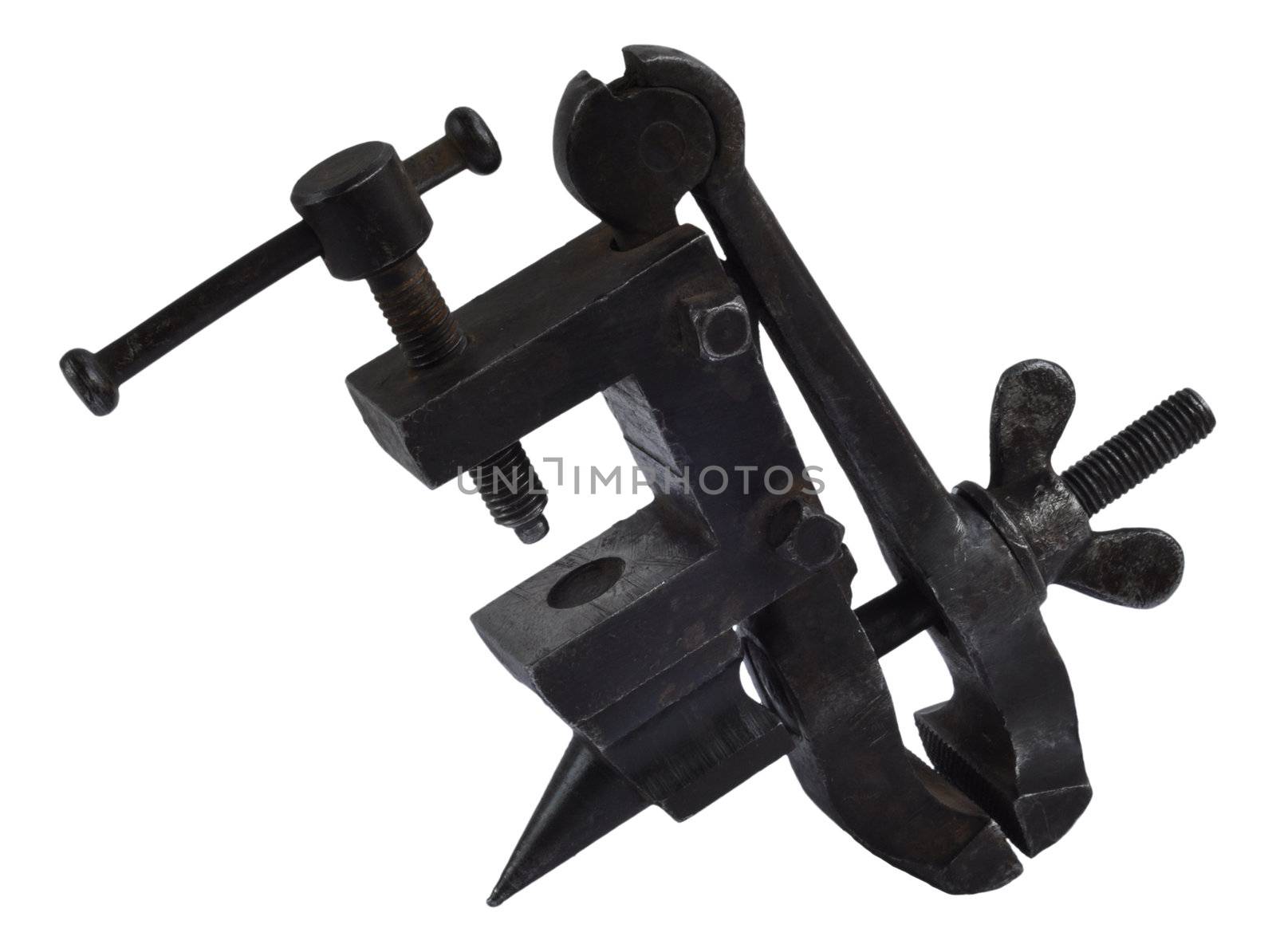 Isolated on white tool: the little vice table made in the USSR in 1950th. Are actively used by Alexcoolok to this day :)