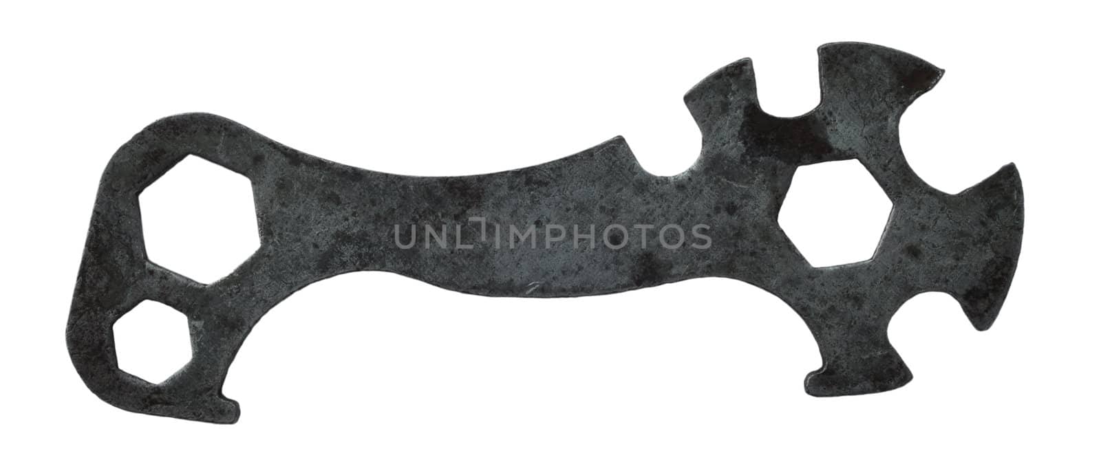 Isolated on white tool: the bicycle universal spanner made in the USSR in 1950th