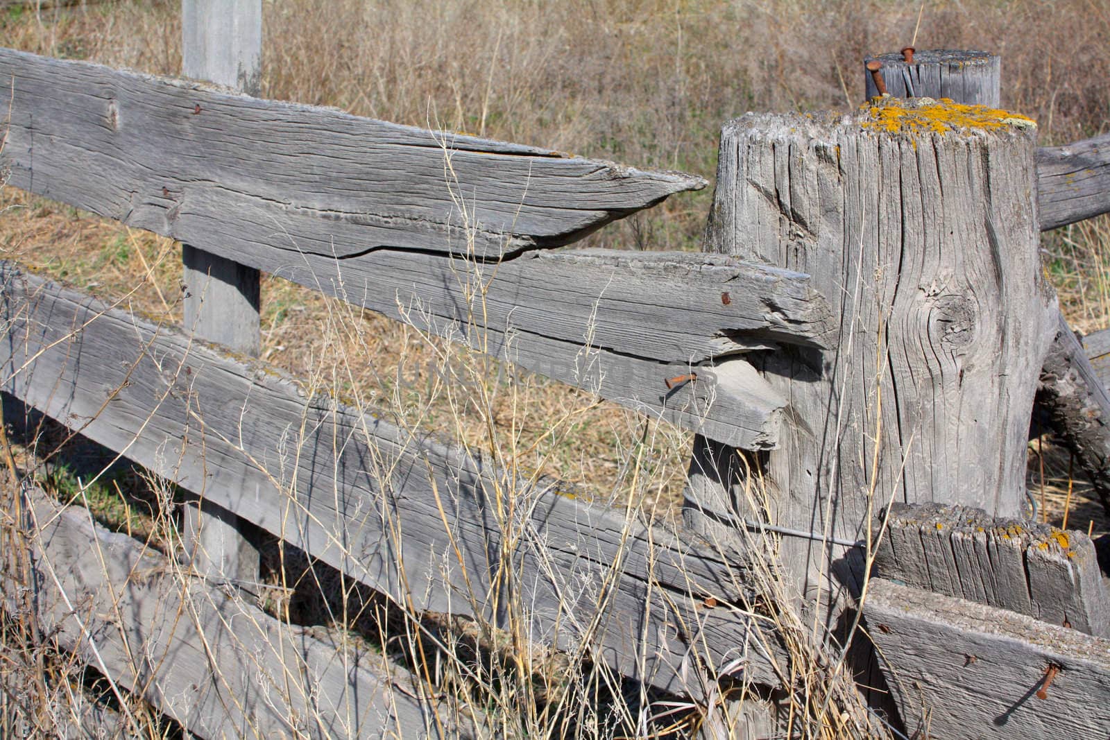 Old wooden fence and post with broken pieces
