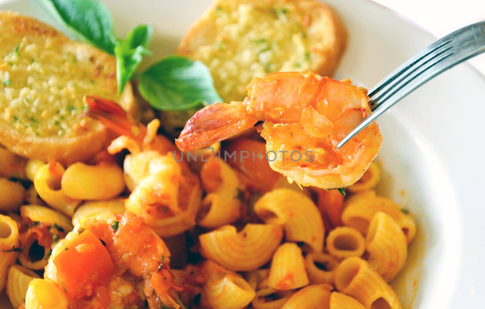 Delicious macaroni with cheese and  tomato, shrimp on fork