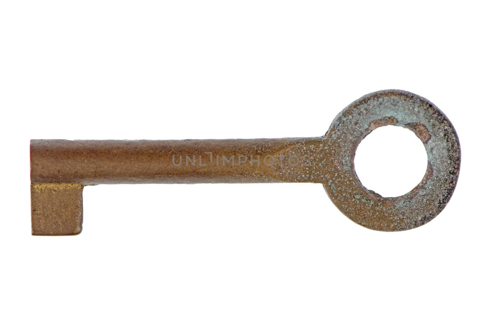 Old rusty key isolated on white background.