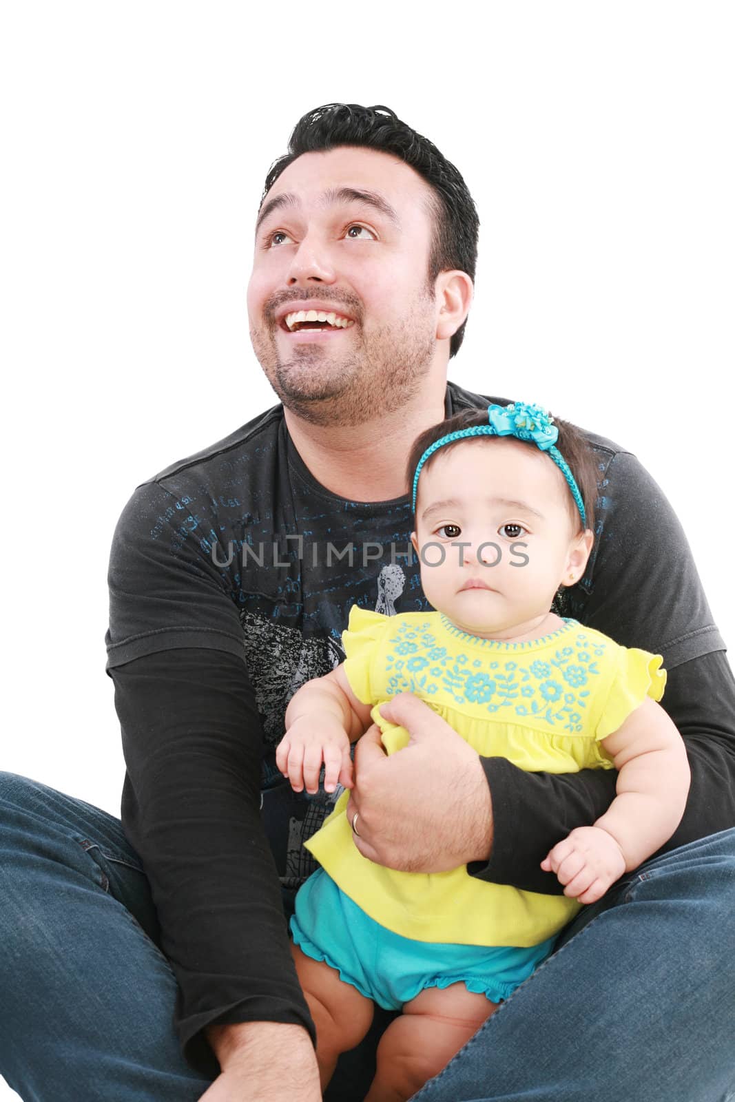 Happy and smiling baby and father. The baby 8 month old. Isolated on a white background.
