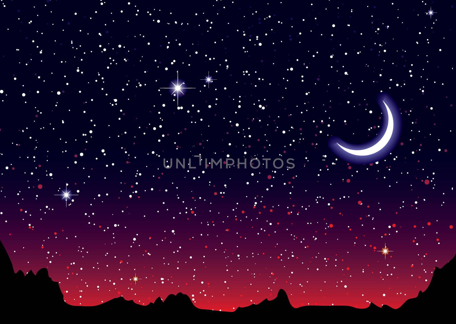 Red sky at night with starry landscape and mountains