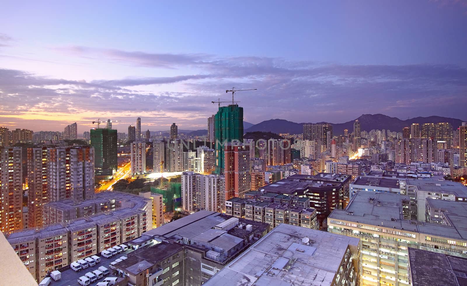 sunset in downtown area, hong kong
