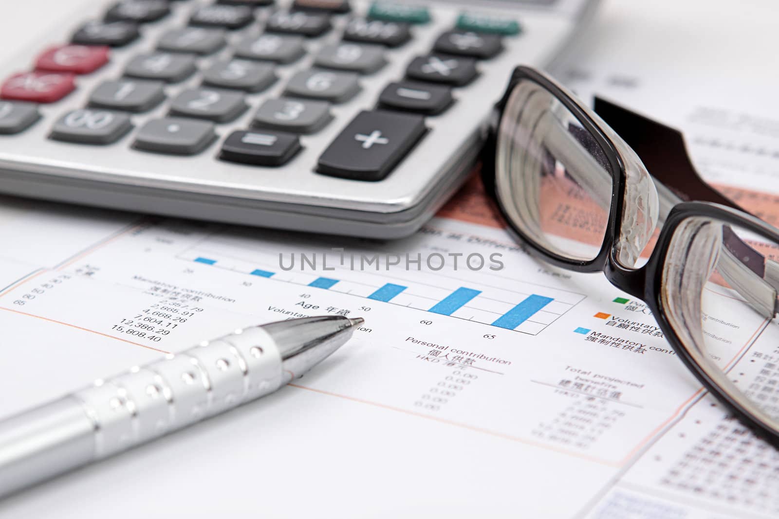 Stock chart with calculator,pen and eyeglasses 