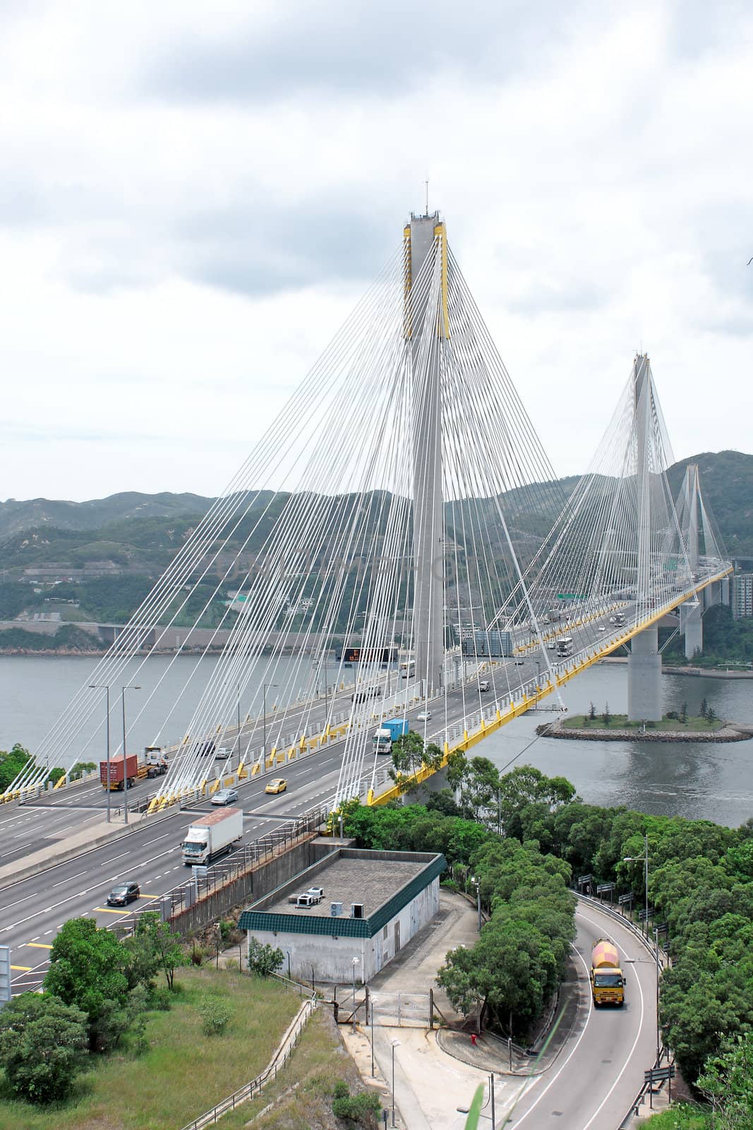 traffic bridge at day in hongkong
