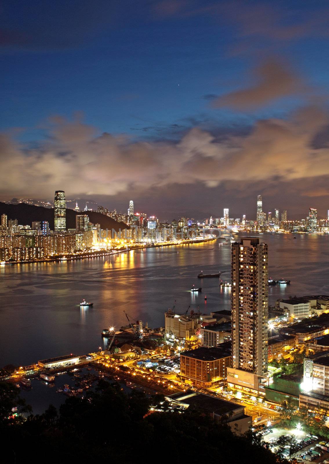 Hong Kong at night and modern buildings