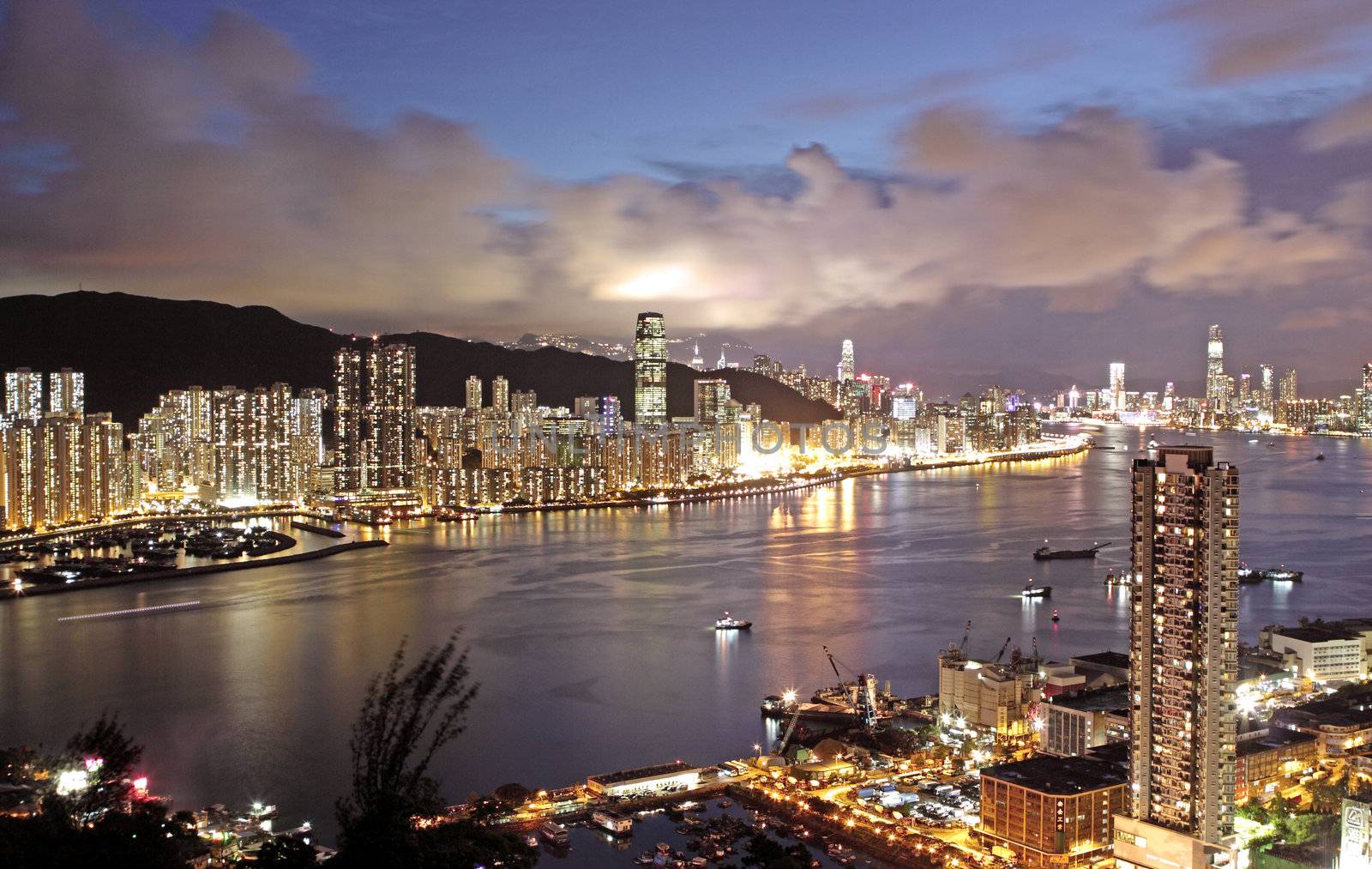 Hong Kong at night and modern buildings
