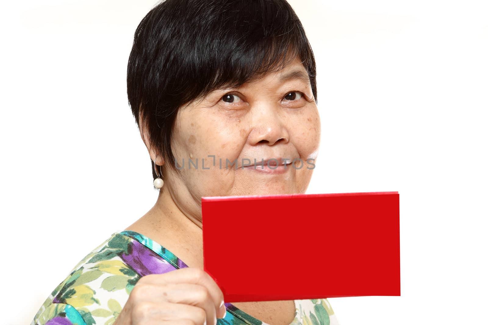 Asian woman holding a red card by cozyta