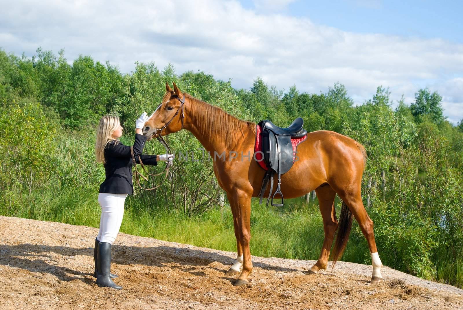 Girl -a jockey and horse.Contact with nature