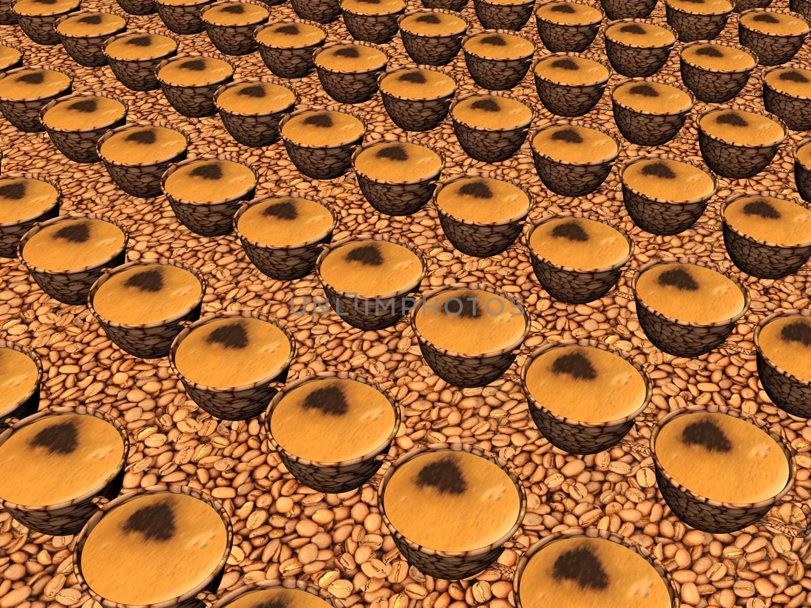Cups Of Coffe On Beans Background. 3d Consept.
