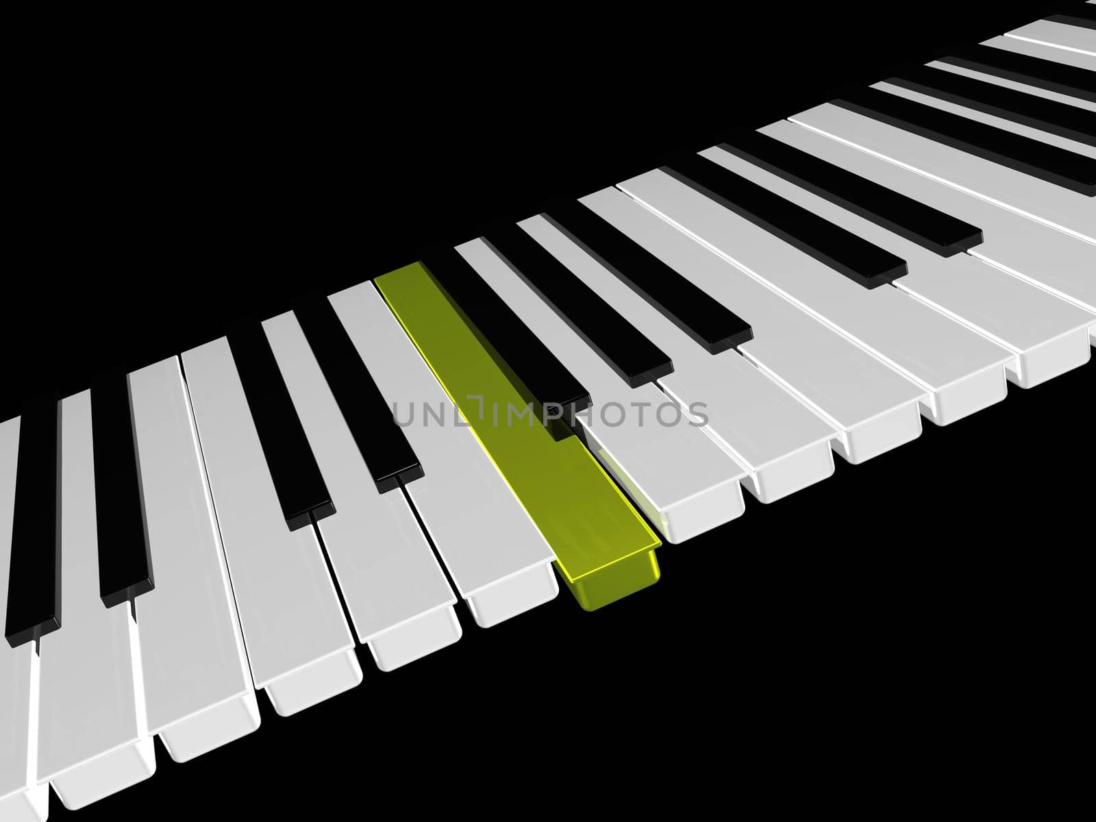 Piano keyboard With Gold Key On Black Background. 3d Render.
 