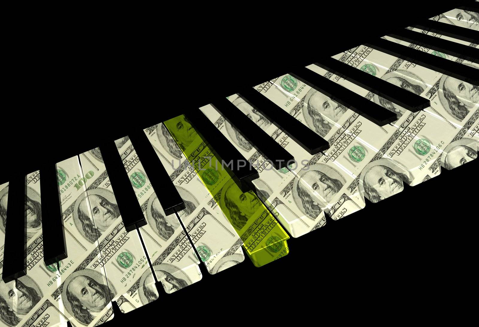 Piano Keyboard With Gold Key On Black 
Background. 3d Render.