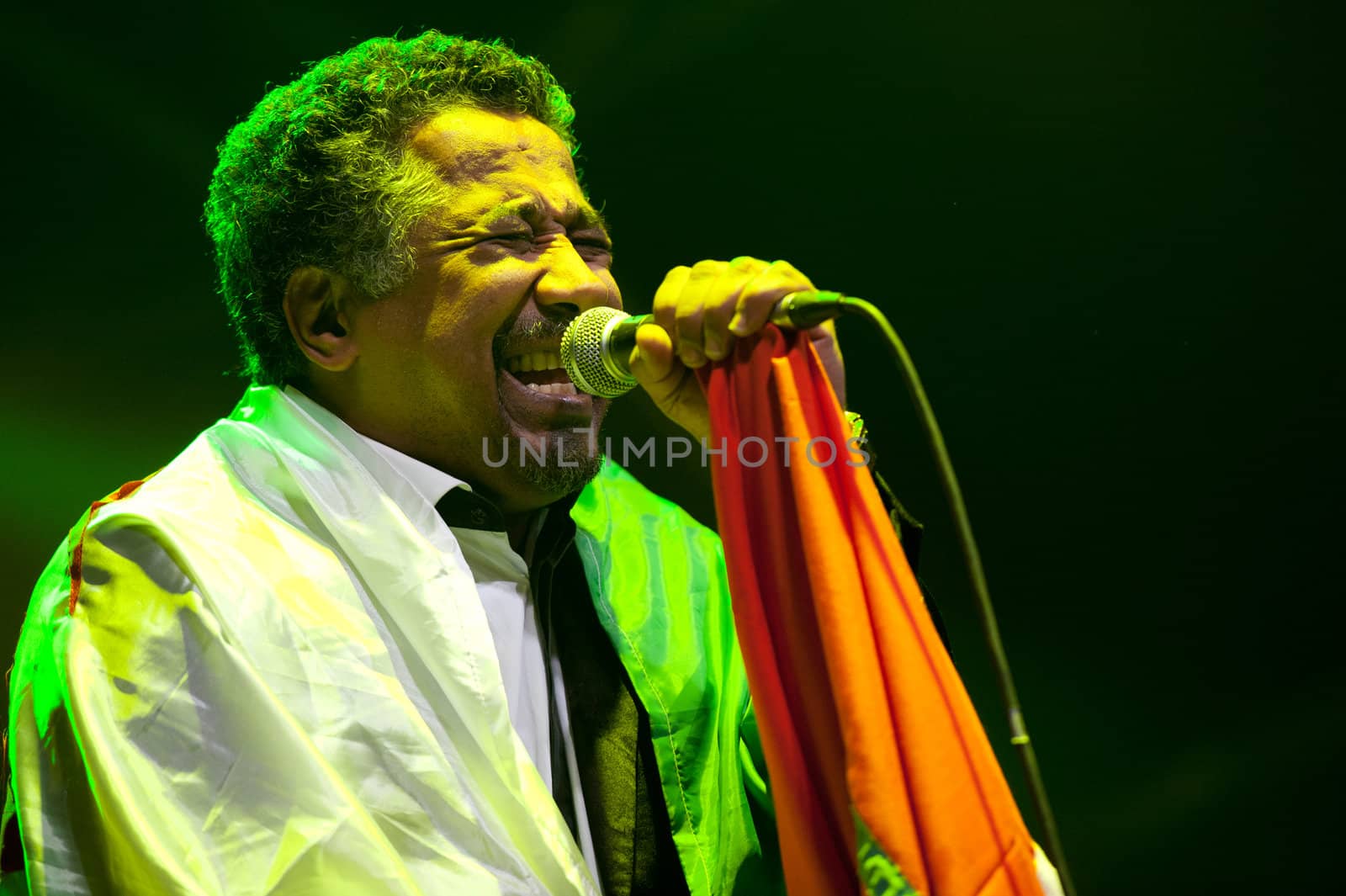 CANARY ISLANDS - NOVEMBER 12: Singer Khaled Hadj Ibrahim (Khaled) from Algeria performing onstage during Womad 2011 November 12, 2011 in Las Palmas, Canary islands, Spain