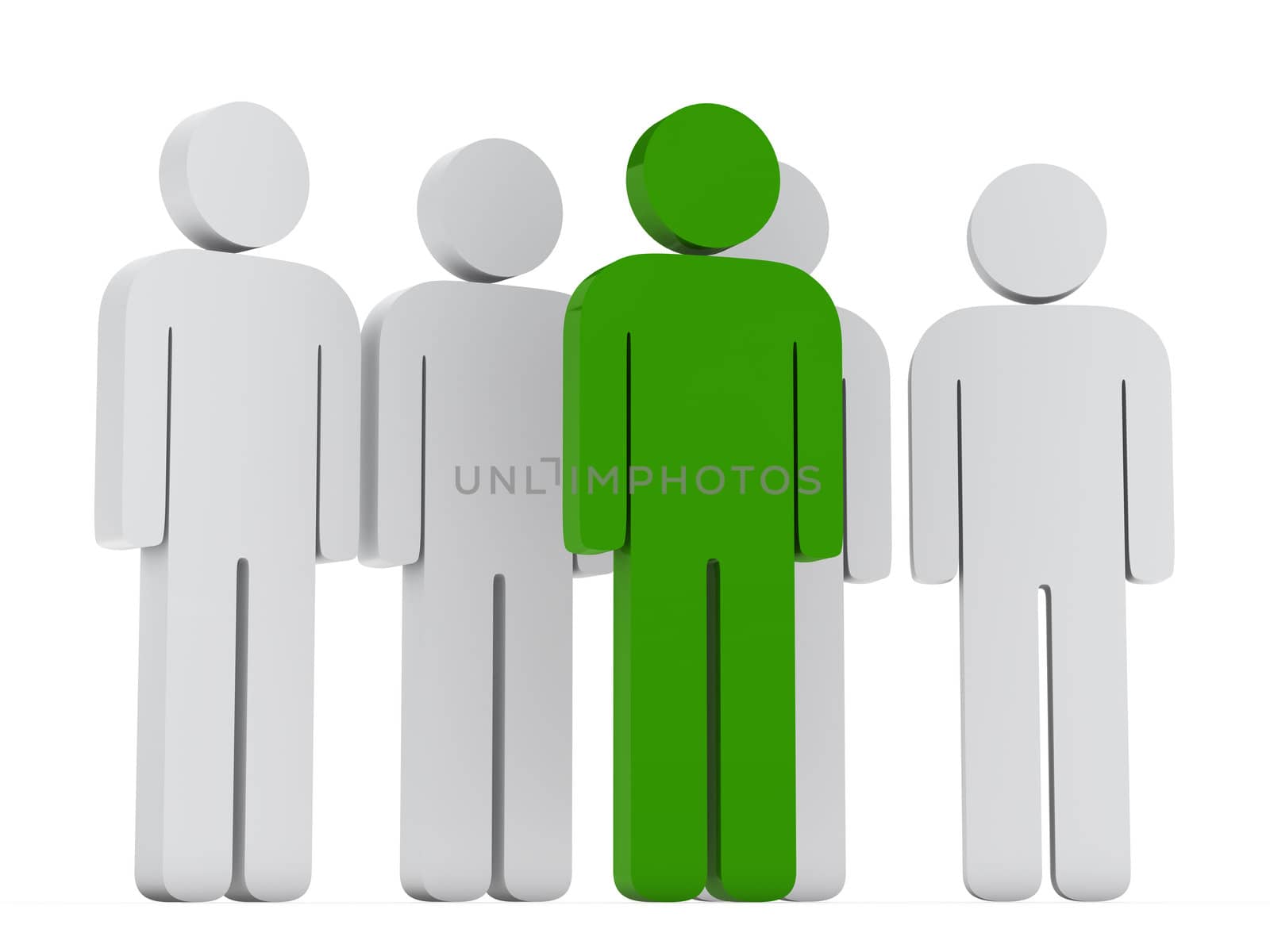 3d teamwork group with green leader front