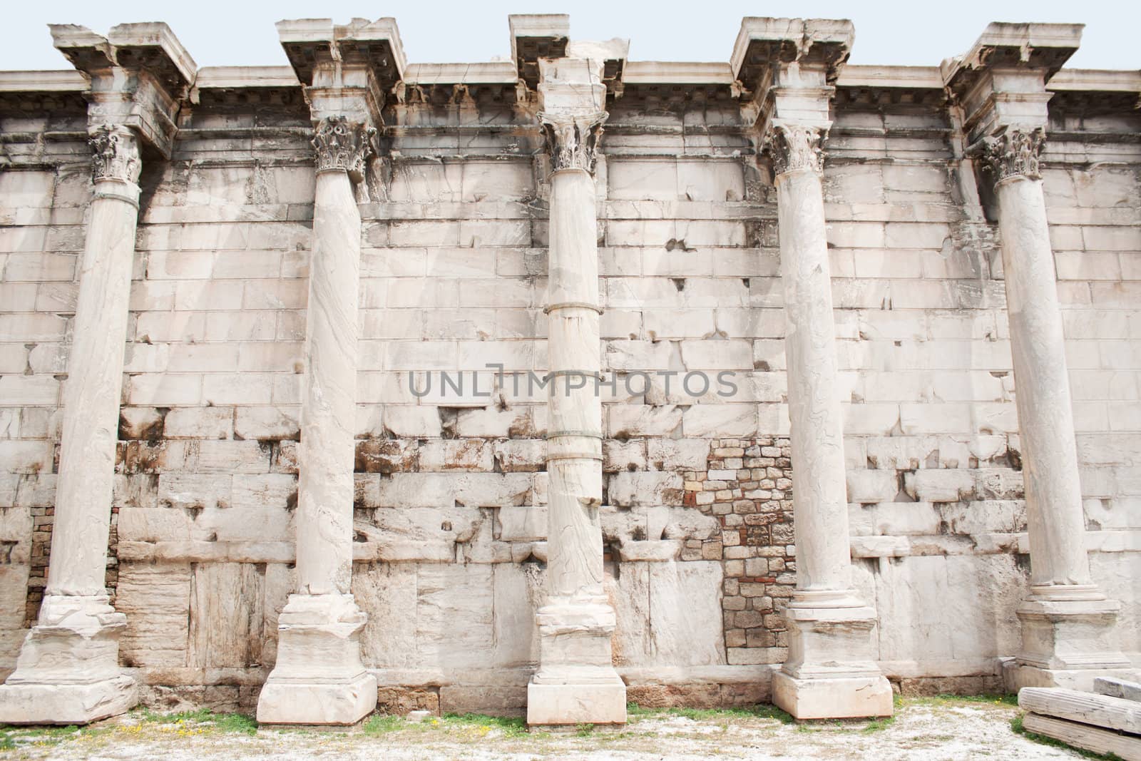 Corinthian columns of the ruins of the Hadrian's Library in the Roman Forum of Athens, Greece.