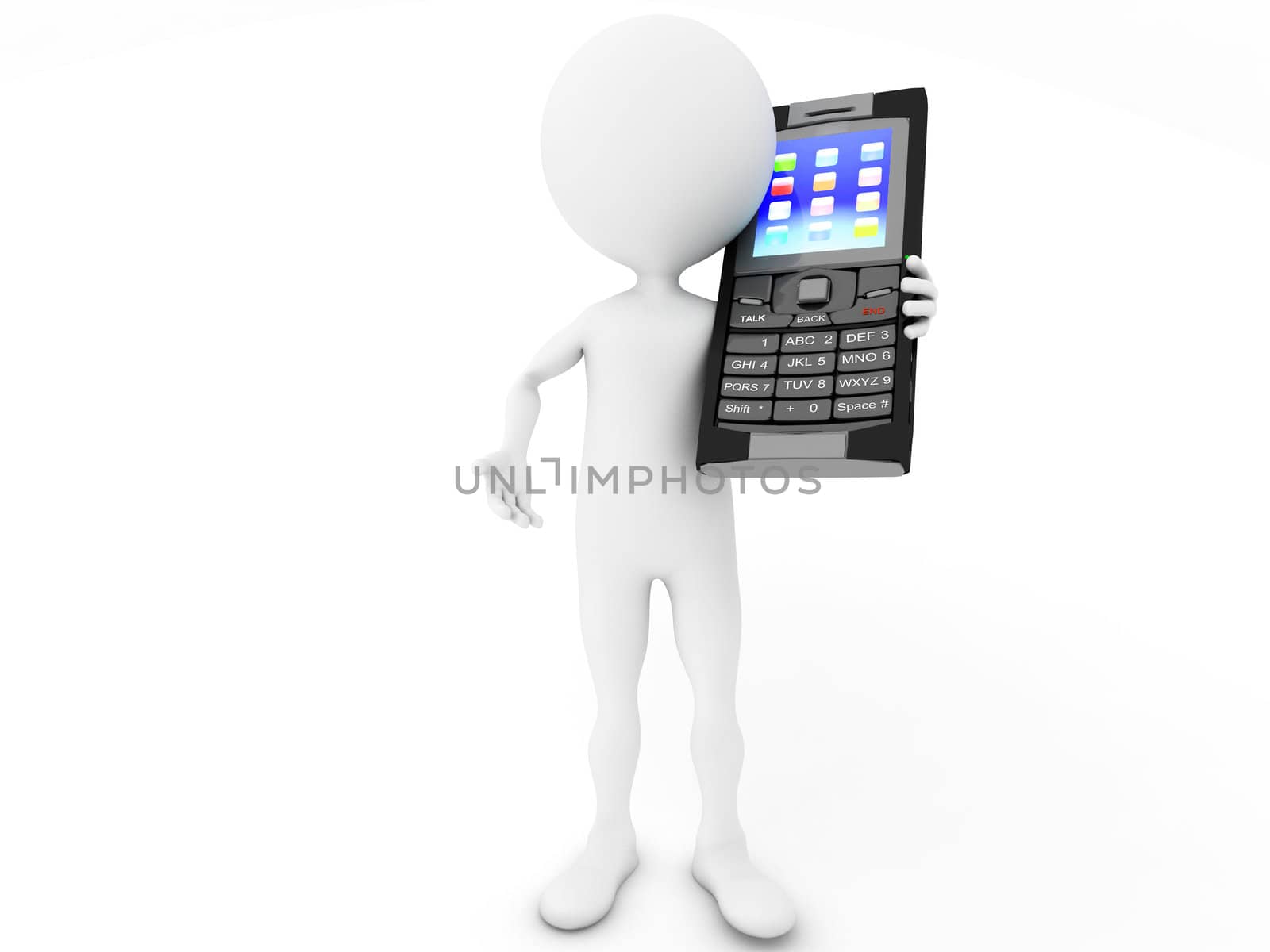 Men with mobile phone on white isolated background. 3d