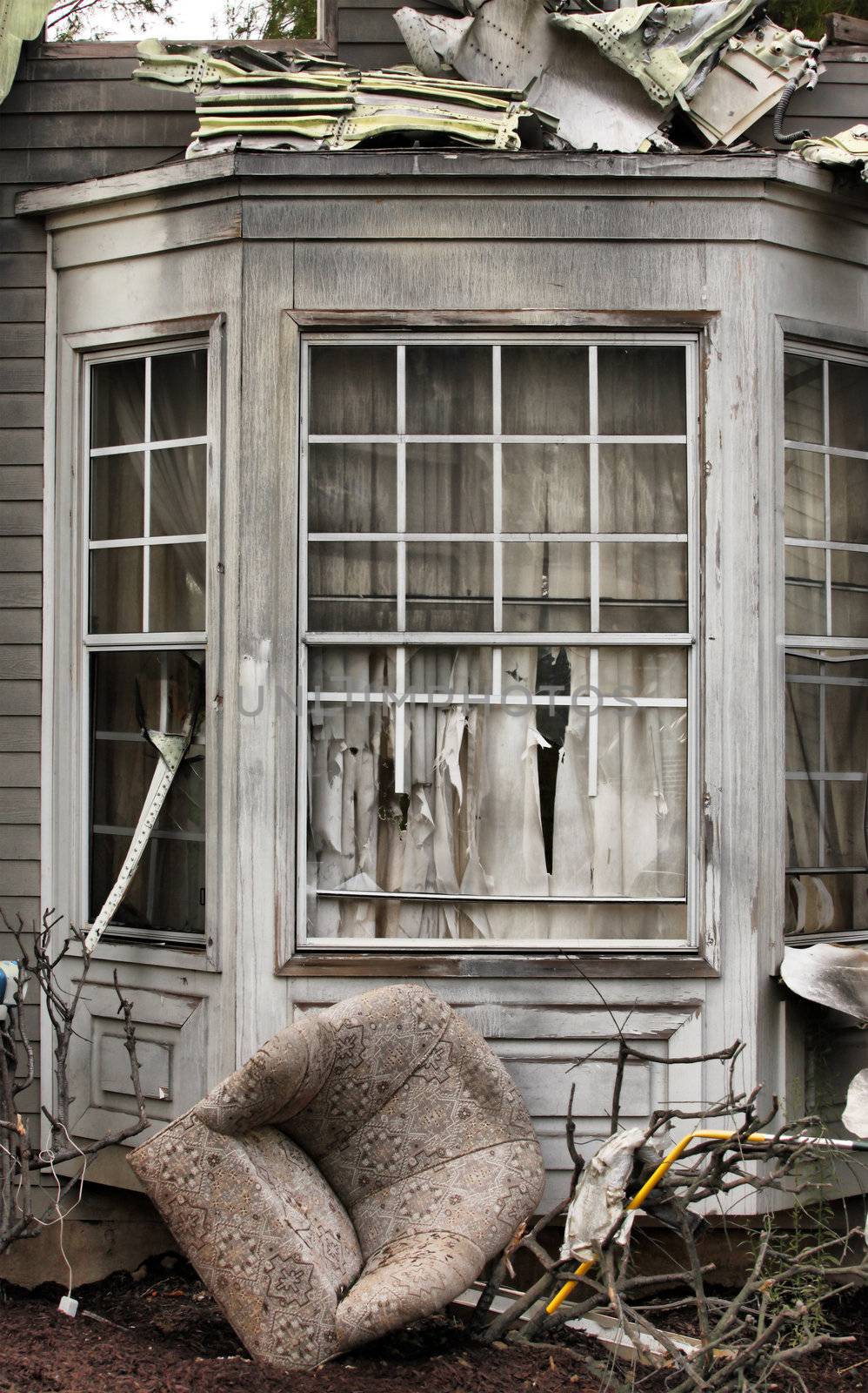 House damaged by disaster. Scenery for cinema